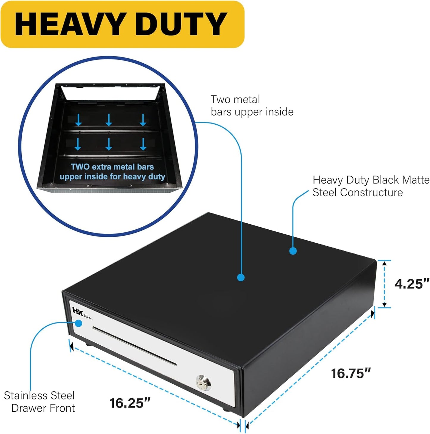 HK SYSTEMS 16" Heavy Duty Black Manual Push Open Cash Drawer with 5Bill/5Coin Stainless Steel with Till Cover