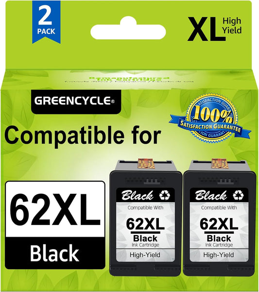 GREENCYCLE 62XL Black Ink Cartridge Replacement for HP 62 XL C2P05AN Remanufactured Cartridges Compatible for Envy 5540 5640 5660 7644 7645 OfficeJet 5740 8040 OfficeJet 200 250 Series Printer, 2 Pack