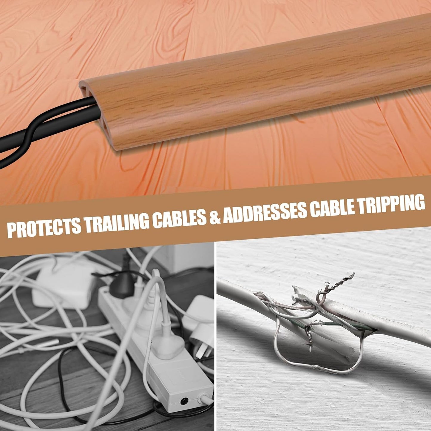 Floor Cord Cover Self Adhesive Cord Hider,10FT Cable Management, Extension Strip Protector for Wires, Prevent Cable Trips for Offices, Gyms, Exhibitions Cavity:0.51"(W) x 0.3"(H) Brown Wood