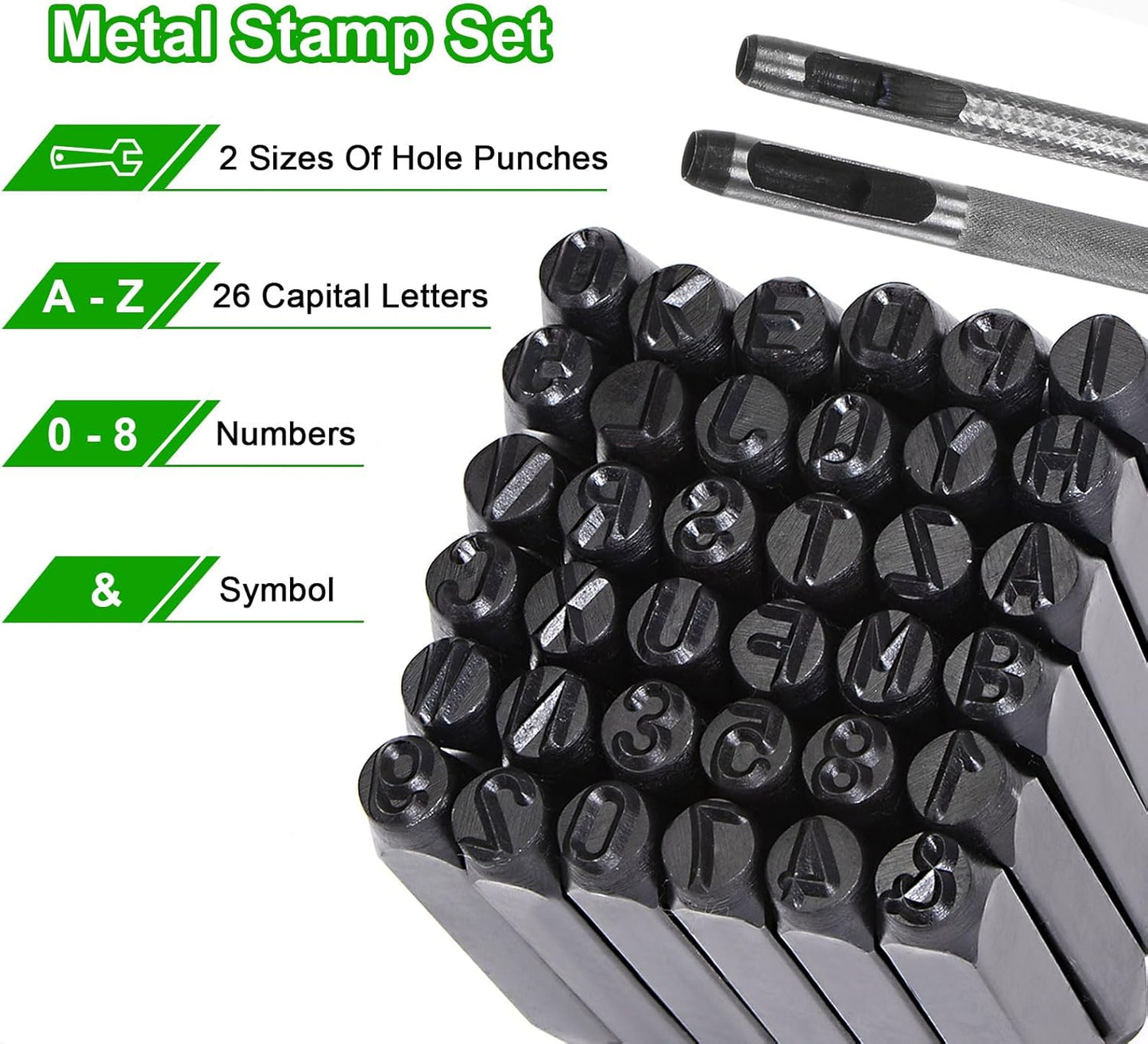 HARFINGTON 36pcs Metal Stamping Kit 3/16" (5mm) (A-Z, 0-8, "&" Symbol) Steel Letter Punch Press Tool with Hole Punch to Stamp on Metal, Plastic, Wood, Leather, Black