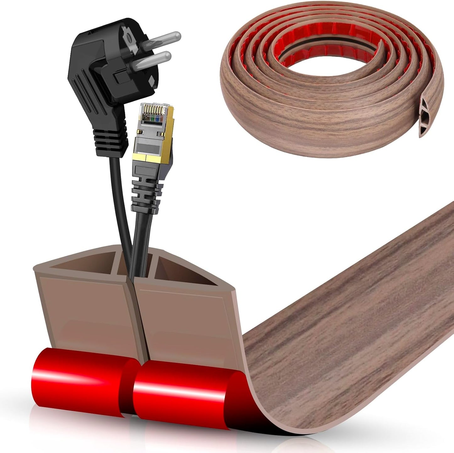 Floor Cord Cover Self Adhesive Cord Hider,10FT Cable Management, Extension Strip Protector for Wires, Prevent Cable Trips for Offices, Gyms, Exhibitions Cavity:0.47"(W) x 0.35"(H) Wood Walnut