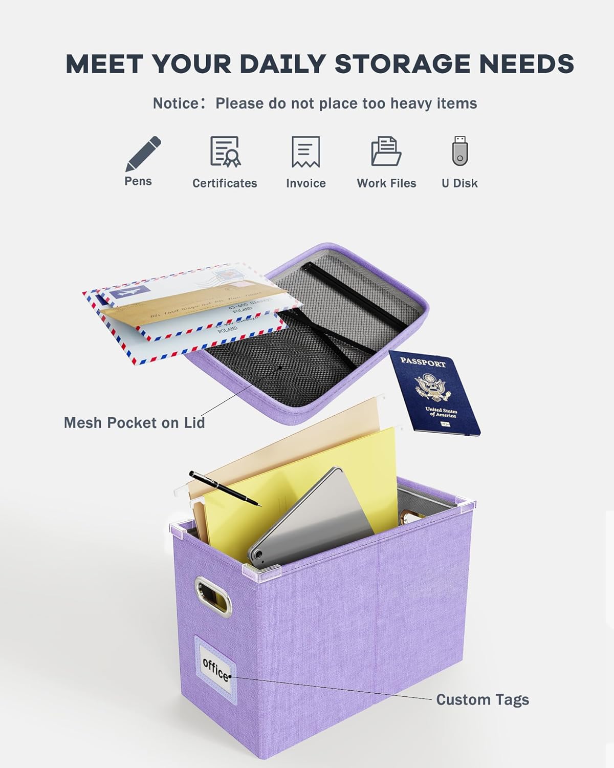 Oterri File Organizer Box with Lid, Hanging Filing File Box with Mesh Pocket, Document Organizer Box for Letter Files, Portable Storage Box with Smooth Sliding Rail for Office&Home (1 PCS, Lavender)