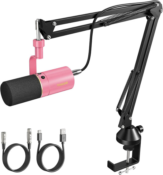 TONOR Dynamic Microphone, XLR/USB Microphone for Podcast, Recording, Streaming, Gaming, XLR Cardioid Studio Mic with Quick Mute, 3.5mm Headphone Jack, Volume Control, Mic with Boom Arm, Pink, TD510+