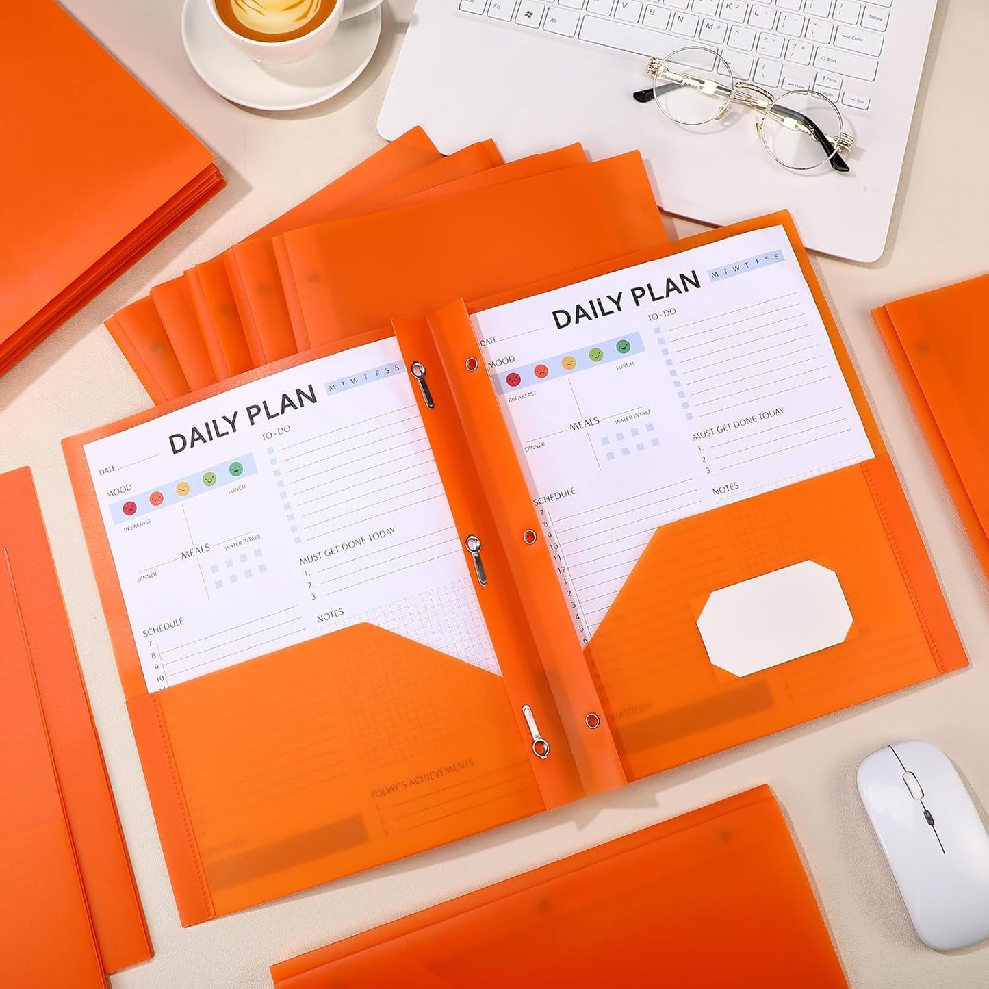 Patelai 48 Pcs Plastic Folders with 2 Pockets and 3 Prongs Home Folders with Card Slot Letter Size Heavy Duty Report Covers for Back to School(Orange,Classic)