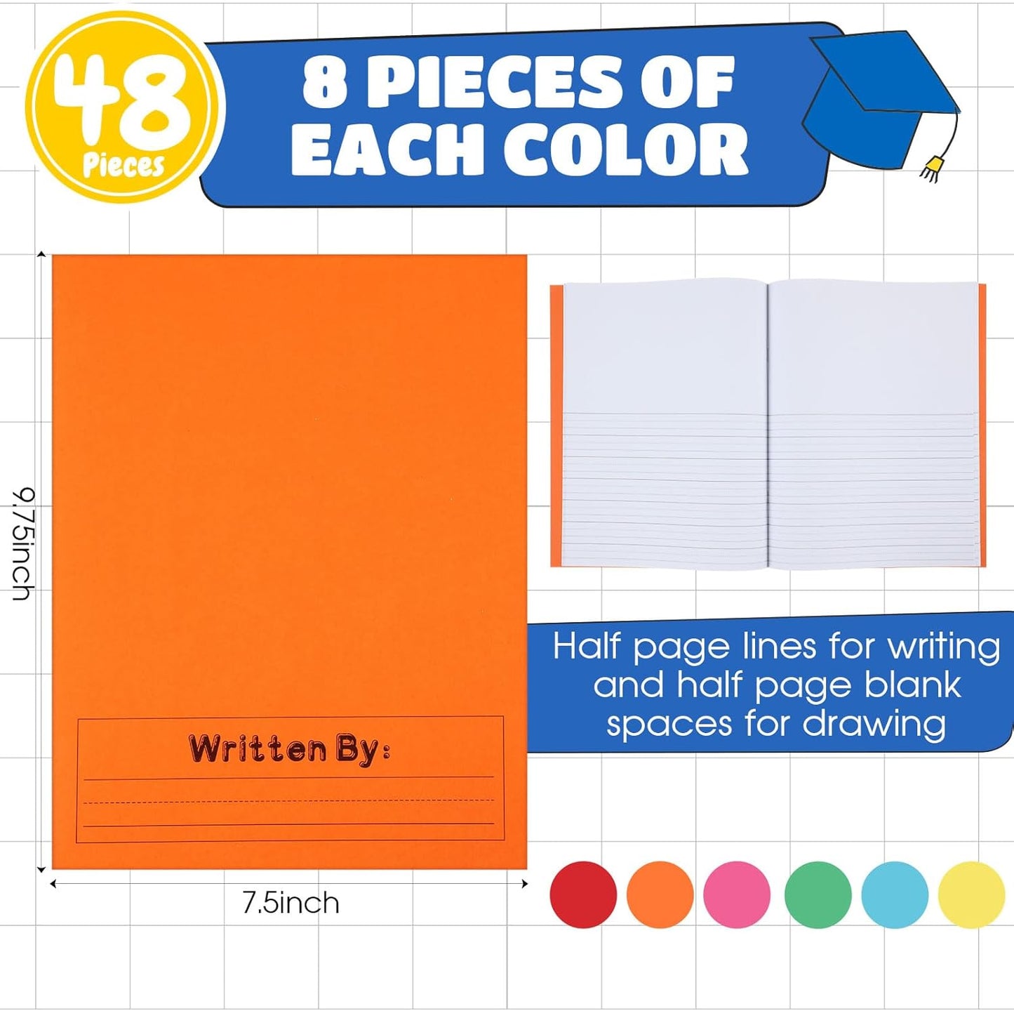 Henoyso 48 Pcs Primary Composition Notebook K-2 9 3/4 x 7 1/2 Inch Primary Journal, Back to School Supplies, Bulk Blank Writing Book for Kid to Write Draw Journal 60 Page Notebooks (Colorful)