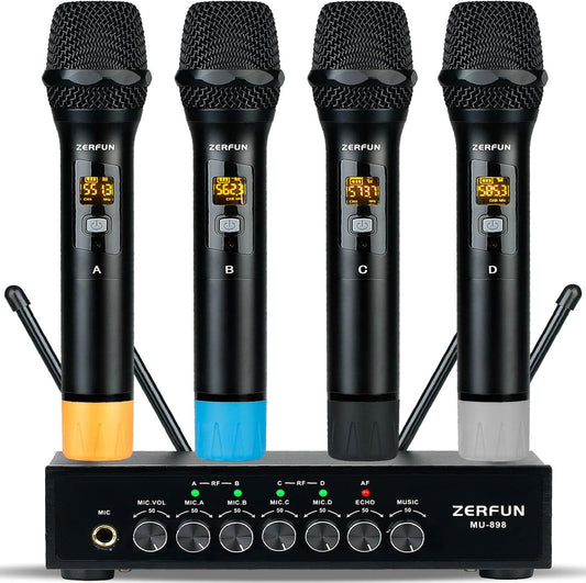 Pro Wireless Microphone System 4 Channel, UHF Metal Cordless Handheld Mics with Echo Bluetooth for Church Karaoke Singing, 4x50 Adjustable Frequency(MU-898 Battery 4 Handheld)