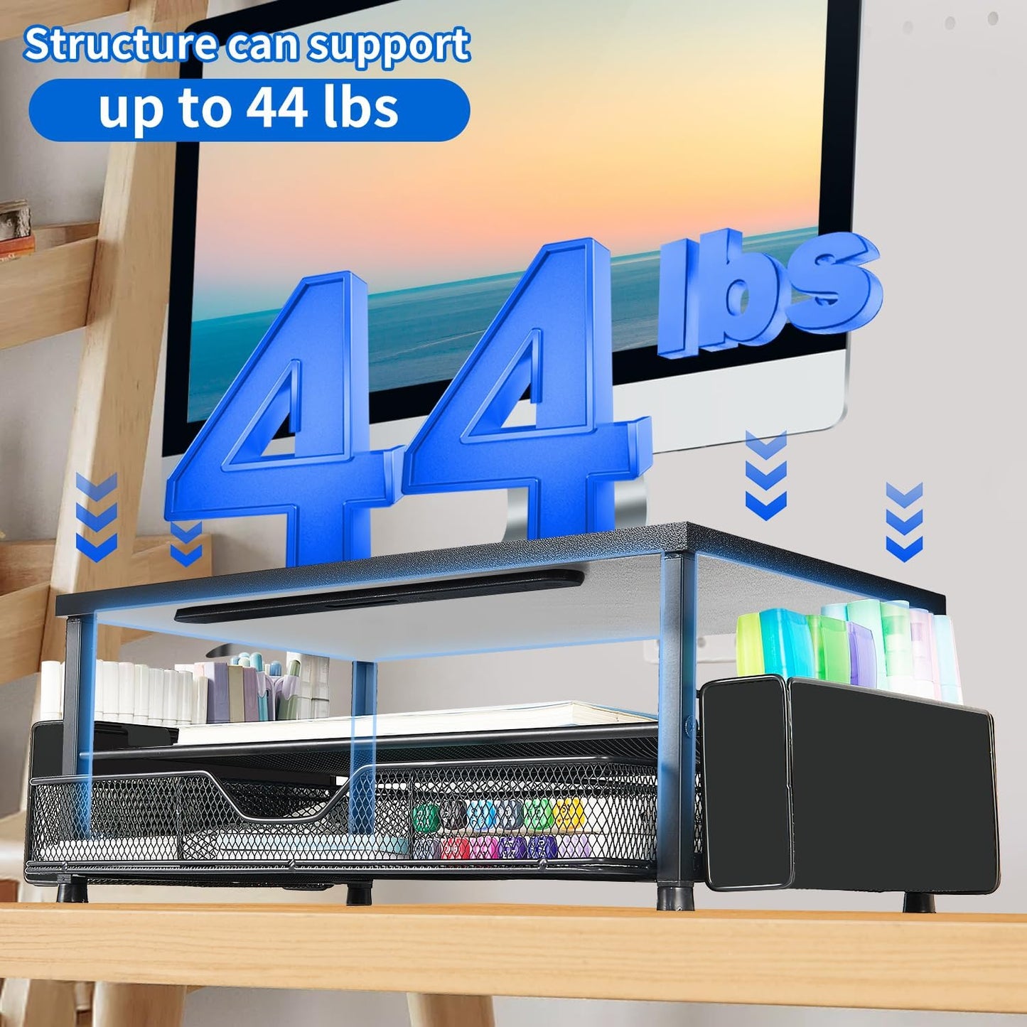 AUPSEN Wood Computer Monitor Stand Riser, 2-Tier Black Desk Organizer with Drawer, Pen Storage & Phone Holder ，Office Desk Accessories Desktop Organizer for Office Supplies