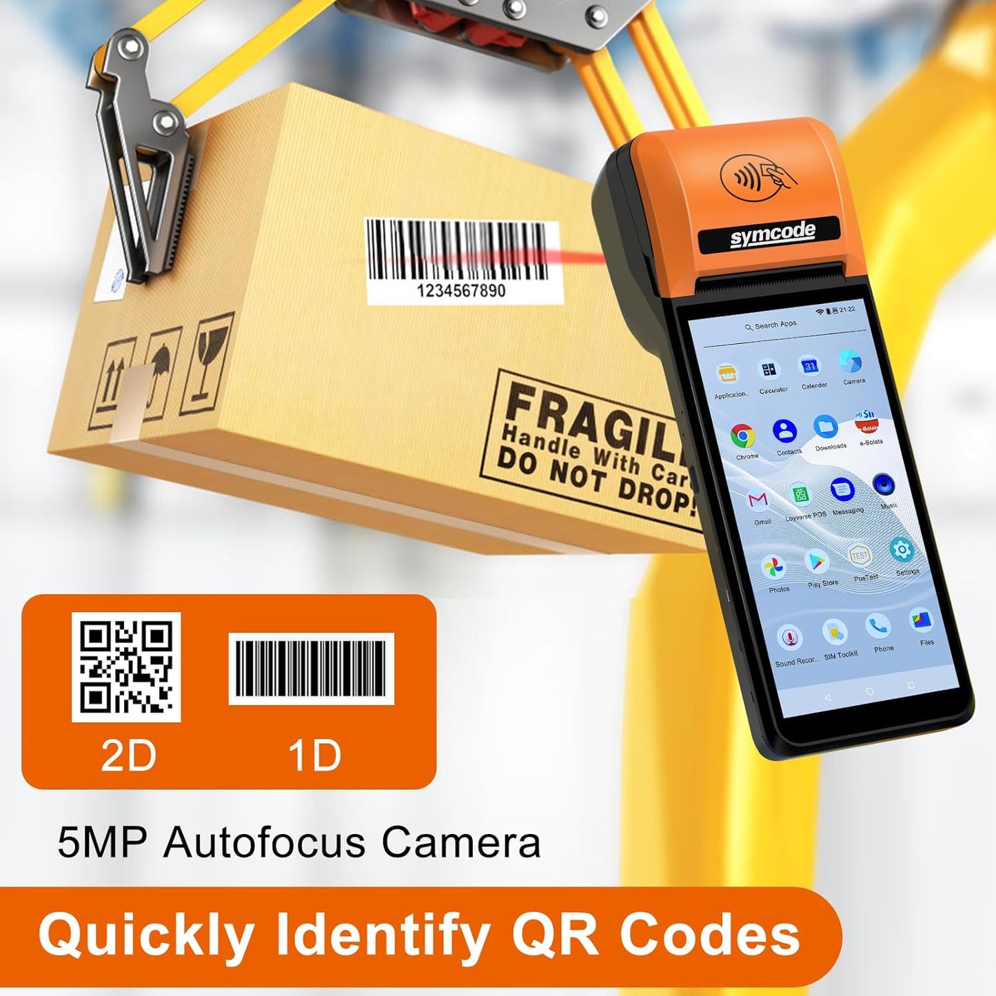 symcode POS PDA Printer Mobile POS Machine Terminal Thermal Receipt Printer 5.99" High Resolution and Clear Touch Screen Handheld PDA Printer Android 8.1 OS Support 4G WiFi Bluetooth with NFC