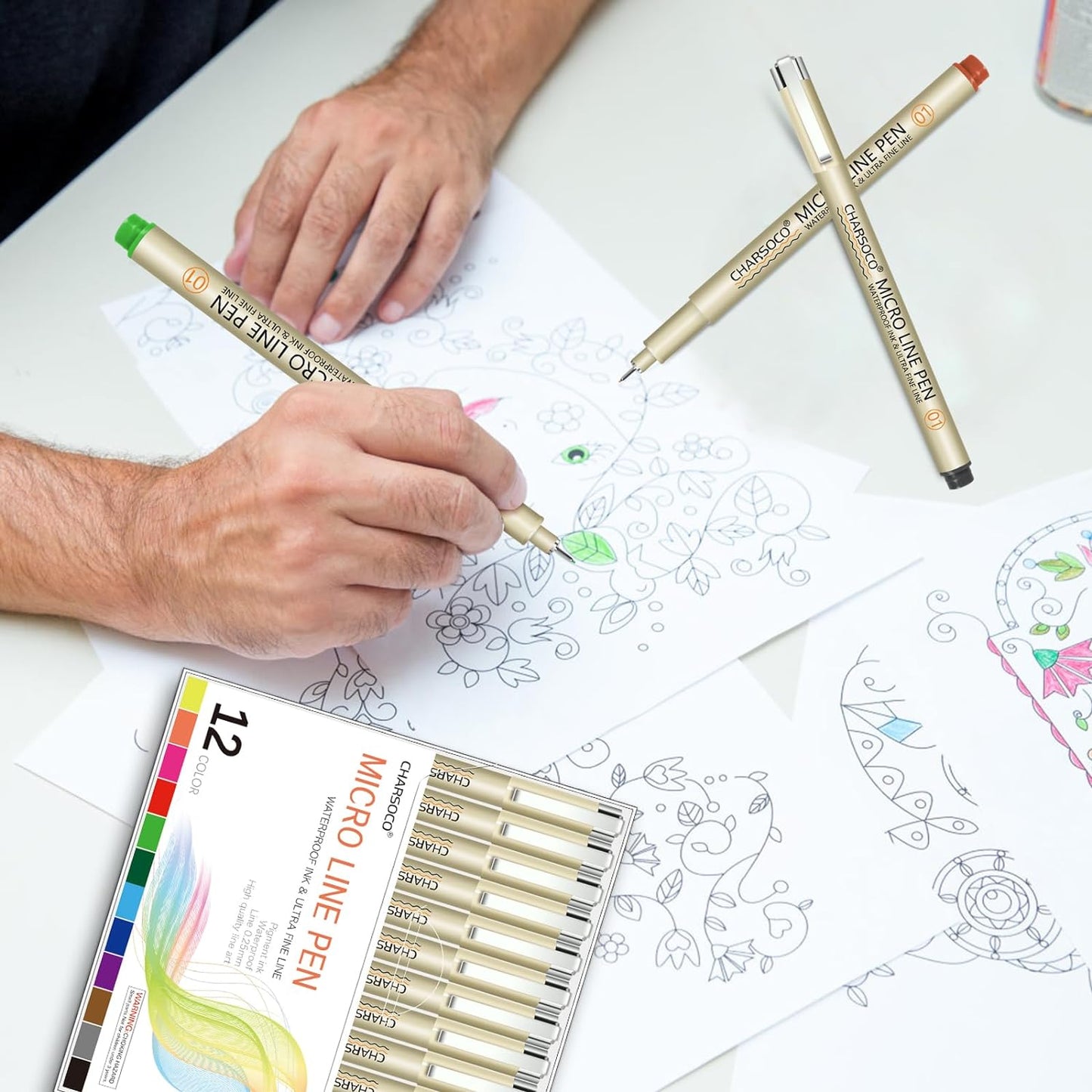 01 Micro Pen, Fine Point Pen with 12 Colors, Waterproof Archival Ink, 0.25mm Fineliner Ink Pens for Artist Illustration, Sketching, Anime, Manga, Technical Drawing and Scrapbooking
