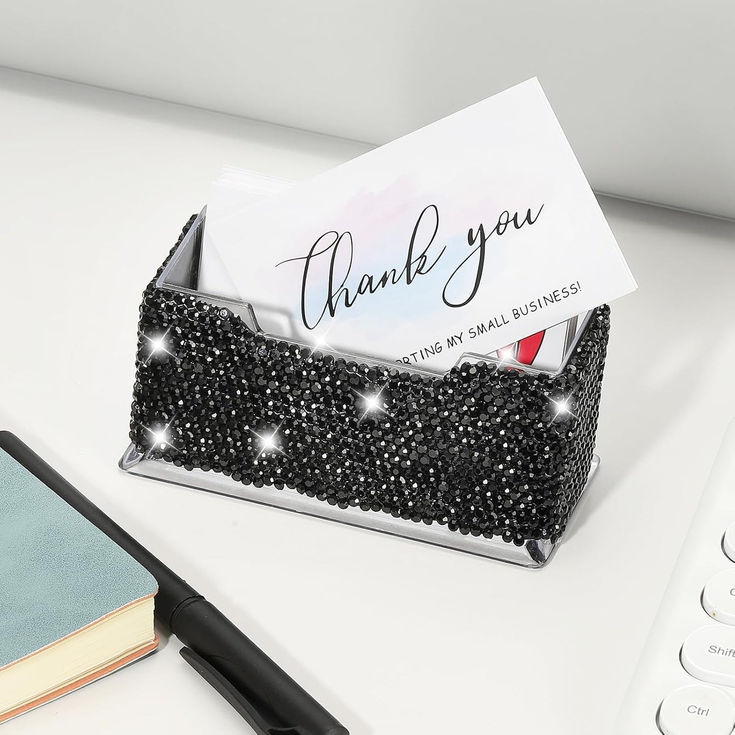 PATIKIL Rhinestone Business Card Holder, Crystal Business Card Holders Bling Business Card Organizer Display Stand for Desktop Desk Office Exhibition, Black