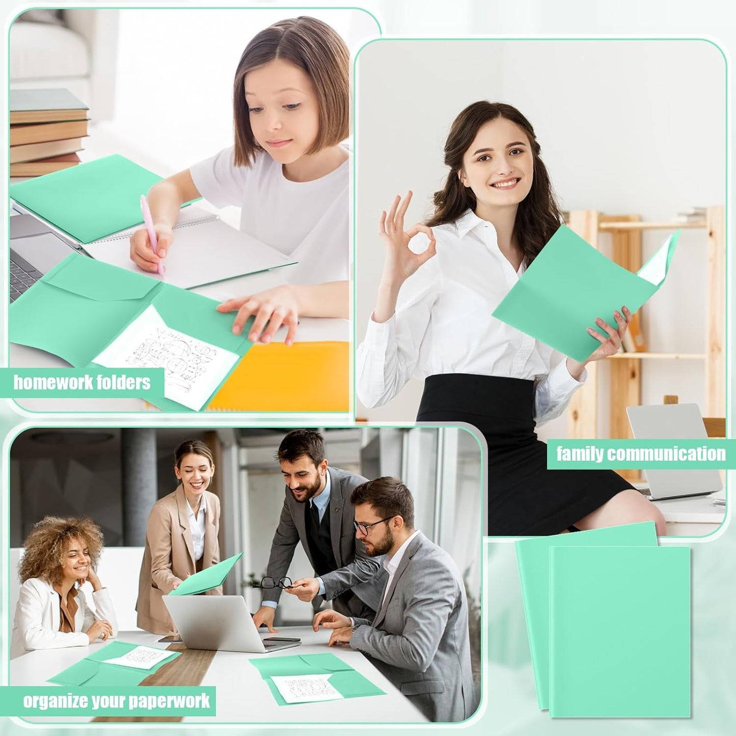 Gueevin 150 Pcs Plastic Folders with Pockets, Two Pocket Folder Fit 8.5 x 11 Inch Letter Size Paper, Heavy Duty School Folders Business Card Holder for Home Office School Bussiness (Light Green)