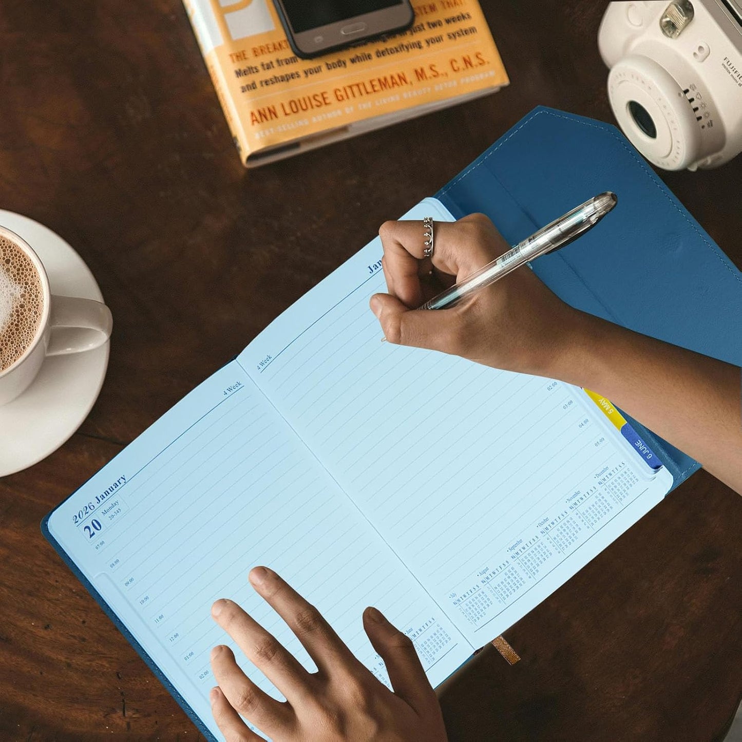 2026 Daily Monthly Planner - Calendar, January - December 2026, 100GSM Thick Paper, Leather Cover, Planner with Hourly Schedule,6.1" x 8.2", Daily Inside Page - Monthly Inside Page, Pen Holder, Bookmarks (Light blue)