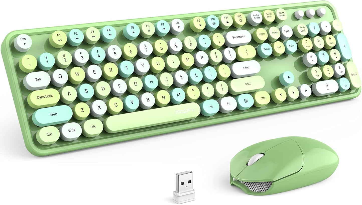MOFII Wireless Keyboard and Mouse Combo, 2.4GHz Retro Full Size Typewriter Keyboard with Number Pad & Wireless Mouse for Laptop, PC, Desktop, Mac, Windows - Green Colorful