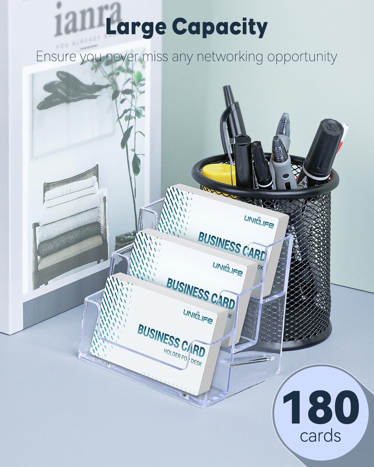 Uniclife Acrylic Business Card Holder for Desk 3 Slots Clear Business Card Display Stand for Men & Women Desktop Business Card Organizer Card Stand for Office Home Exhibition, 180 Card Capacity