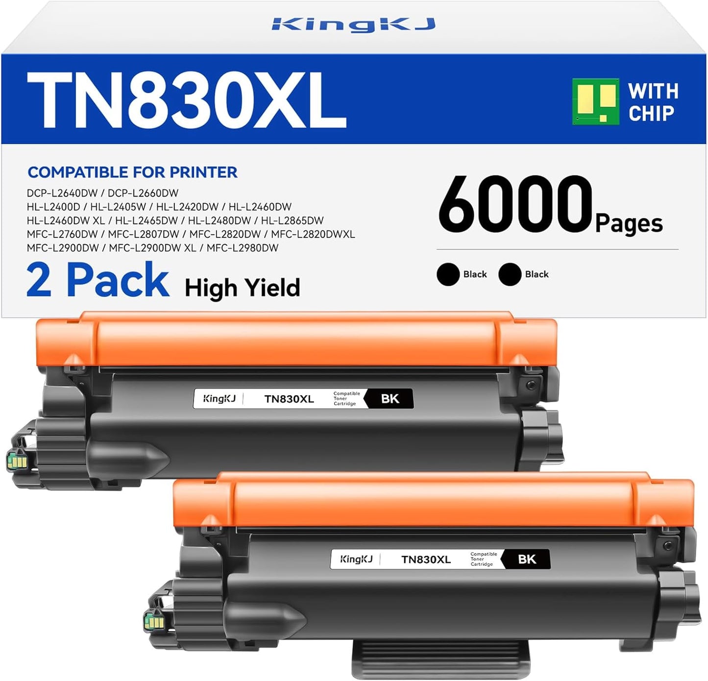 TN830XL Toner Cartridge Black 2-Pack High Yield Replacement for Brother TN830XL TN830 XL Compatible for HL-L2460DW HL-L2405W HL-L2480DW MFC-L2820DW DCP-L2640DW MFC-L2900DW HL-L2400D Laser Printer Ink