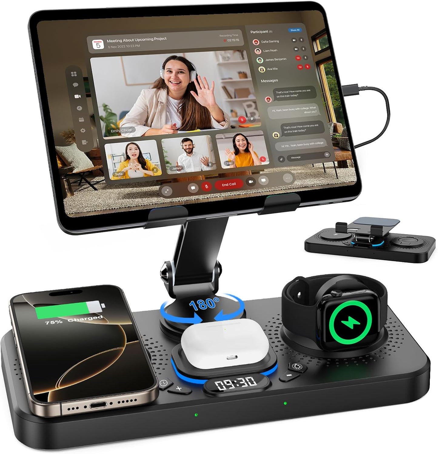 30W Charging Station for Apple Products, Foldable Wireless Charger with Clock Display&7 Color Light, Wired Charging for iPad/Tablet Charging Station for iPhone17, for Apple Watch10 for AirPods4(Black