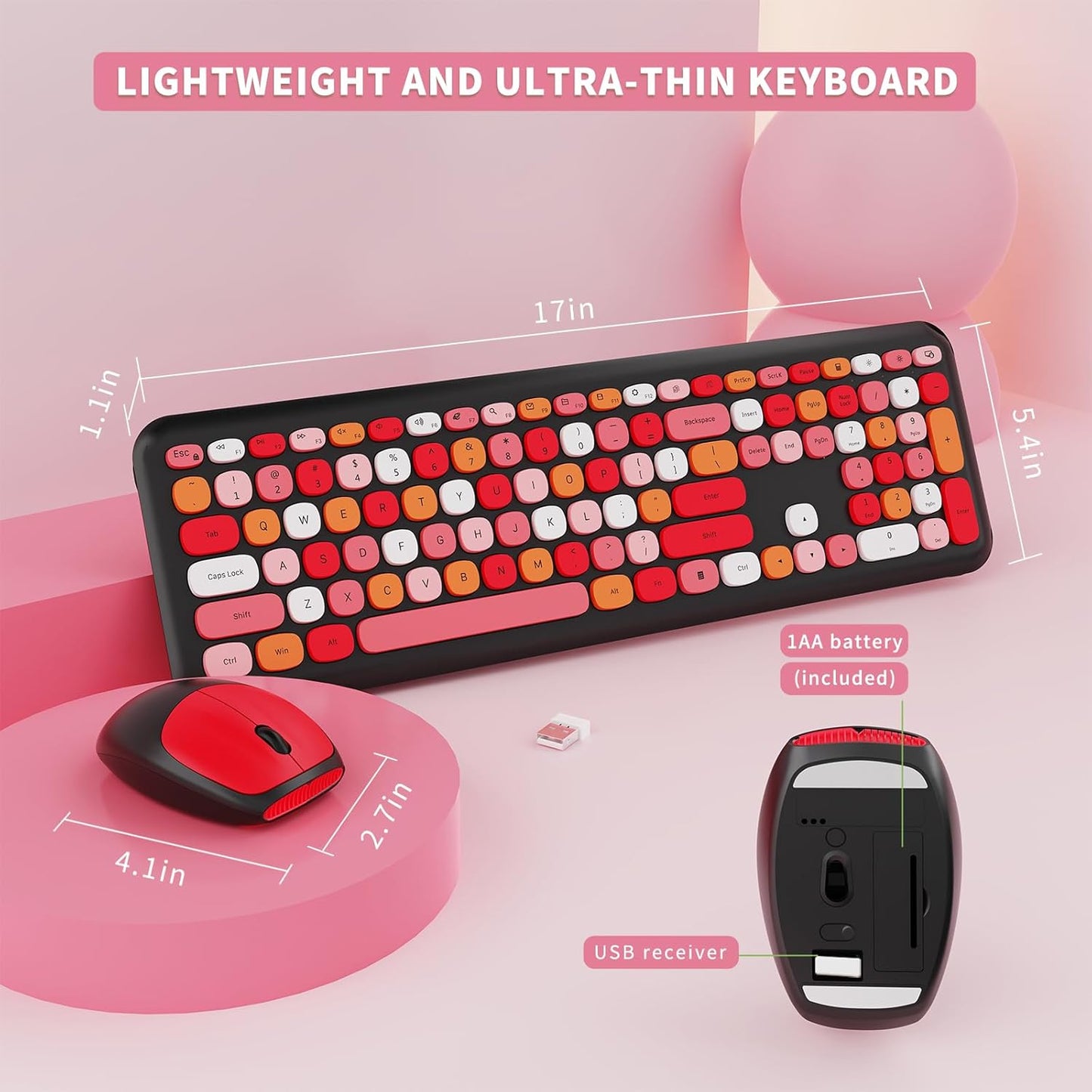 Wireless Keyboard and Mouse Combo, Colorful Ergonomic Full Size Retro Low-Noise Keyboard with Cute keycaps, Compatible with Windows, PC, Perfer for Home and Office Keyboards (Black)