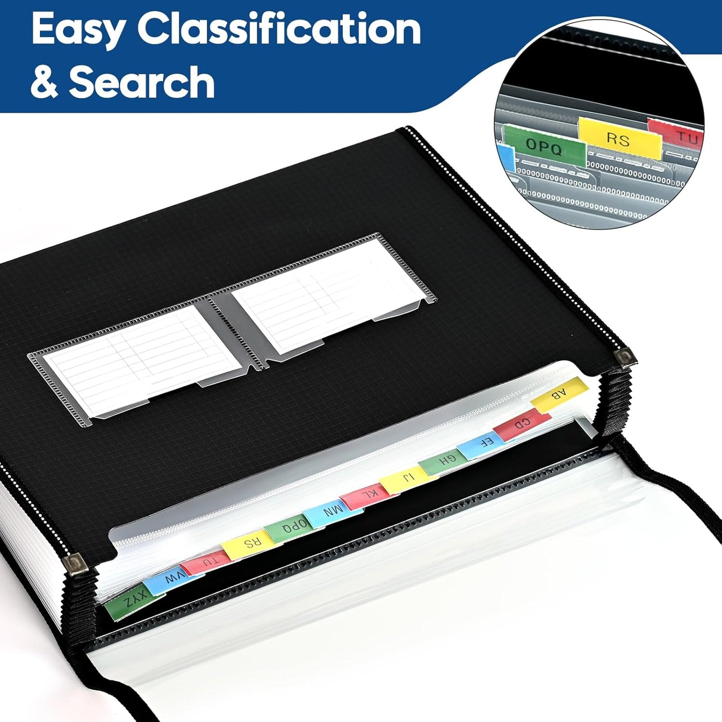 12-Pocket-Expanding File-Folder,Accordion-File-Organizer, A4/US Letter Size Paper Receipt Organizer Accordian Filing Folders (Black-T-12 Pockets)