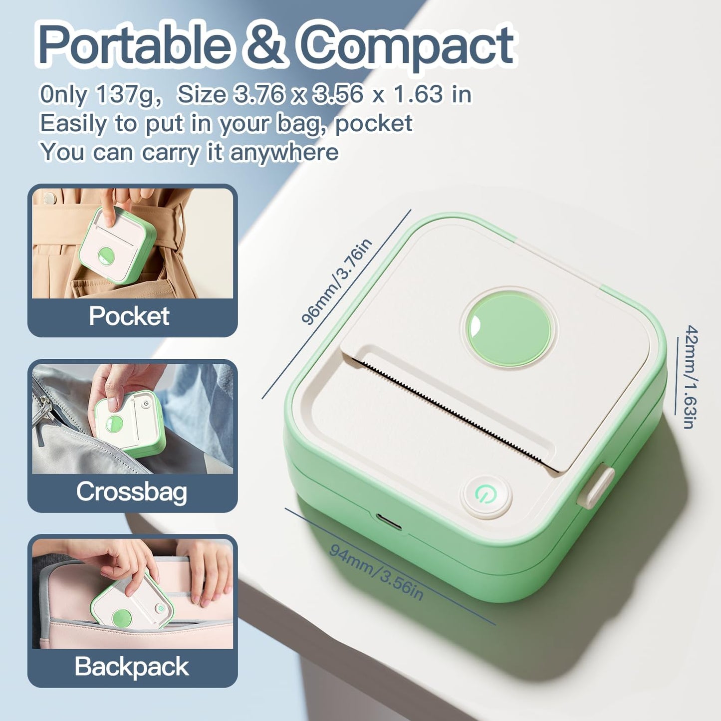 Label Maker Machine, HD Mini Sticker Printer with 7 Rolls Paper, Portable Thermal Print Pod Supports 12-57mm Papers,Bluetooth Pocket Printer for Home,Kitchen,School (Green)