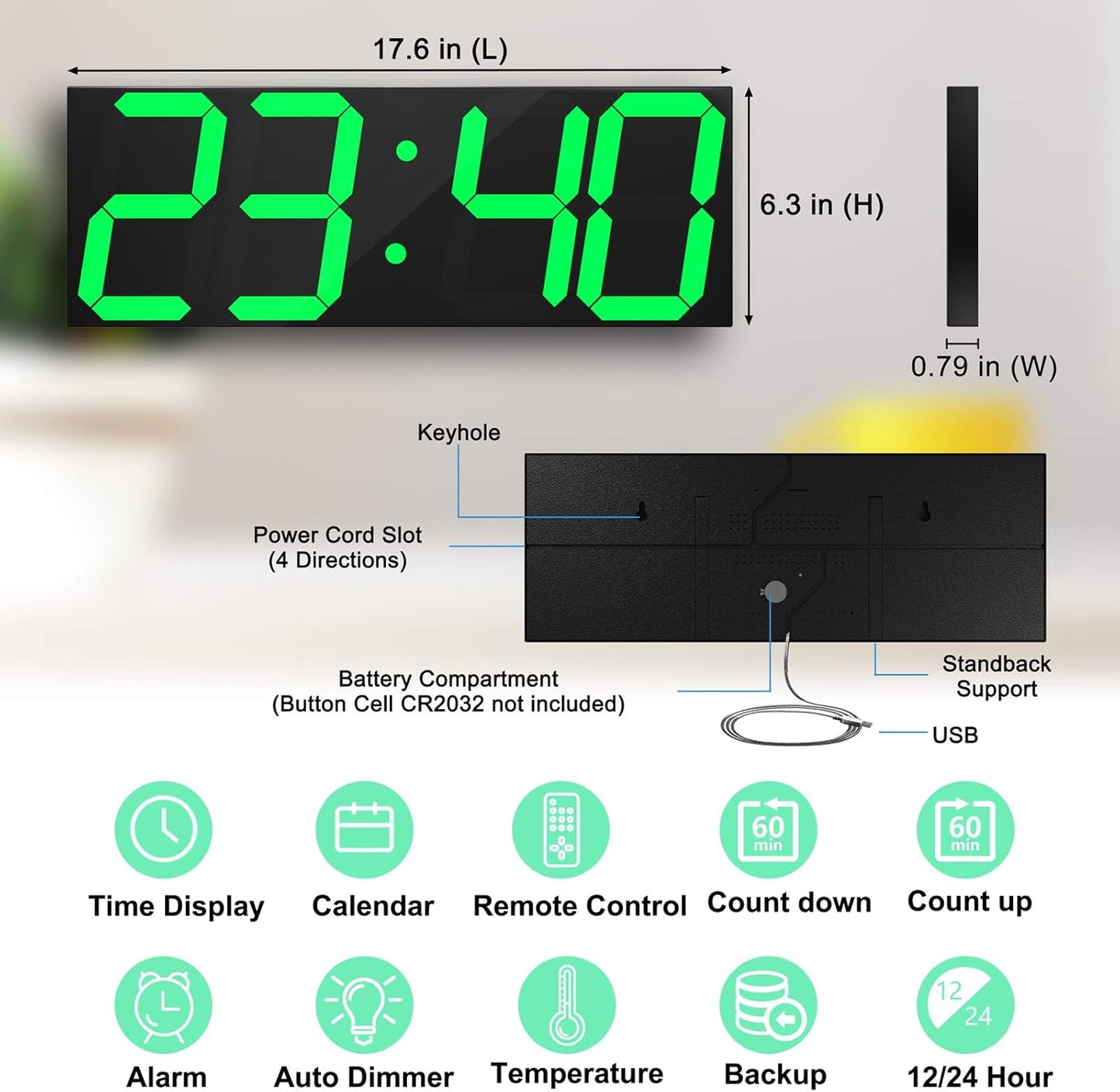 LED Large Digital Wall Clock, Oversize Wall Clock with 6” Numbers, Remote Control Count up/Countdown Timer Clock, Auto Dimmer, Big Calendar and Thermometer(Green)