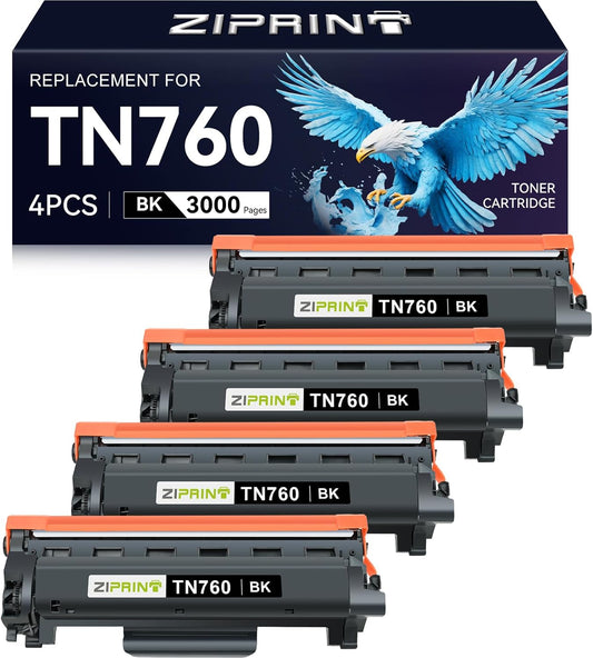 ZIPRINT TN760 Toner Cartridges Compatible Replacement for Brother TN760 TN-730 TN730 for MFC-L2710DW MFC-L2750DW DCP-L2550DW HL-L2350DW HL-L2395DW HL-L2370DW (Black, 4 Pack)