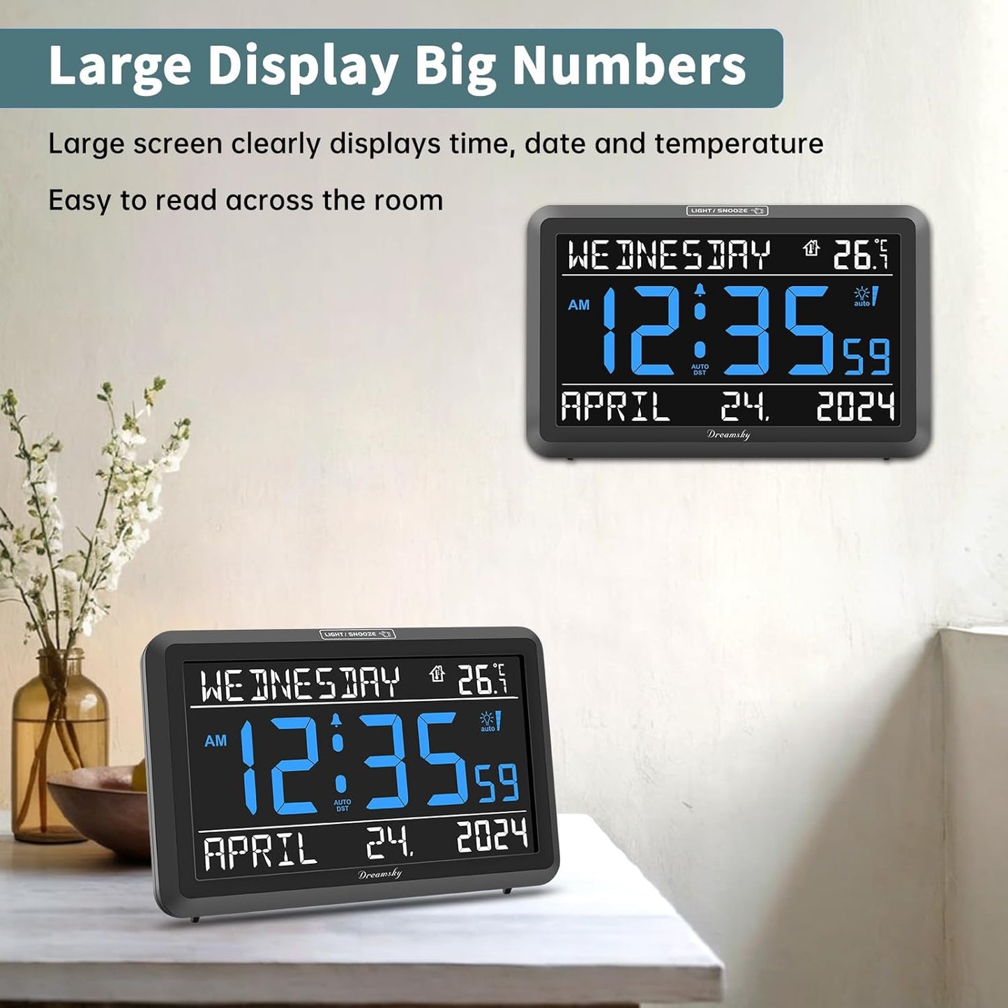DreamSky Large Digital Clock with Date and Day of Week - Electric Desk Clock for Seniors Elderly, Bedroom Alarm Clock with Battery Backup, Dimmer, USB Port, Auto DST, Temperature, Adjustable Volume