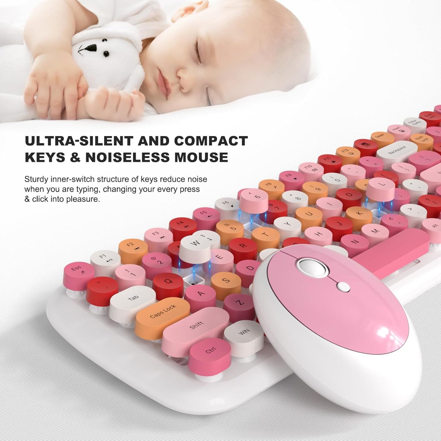 Wireless Keyboard and Mouse Combo, MOWUX - Modern Compact Layout, Colorful Compact Candy Mouse and Retro Round Keyboard Set with Cover, for PC/Laptop/Windows/Mac - White Pink Colorful
