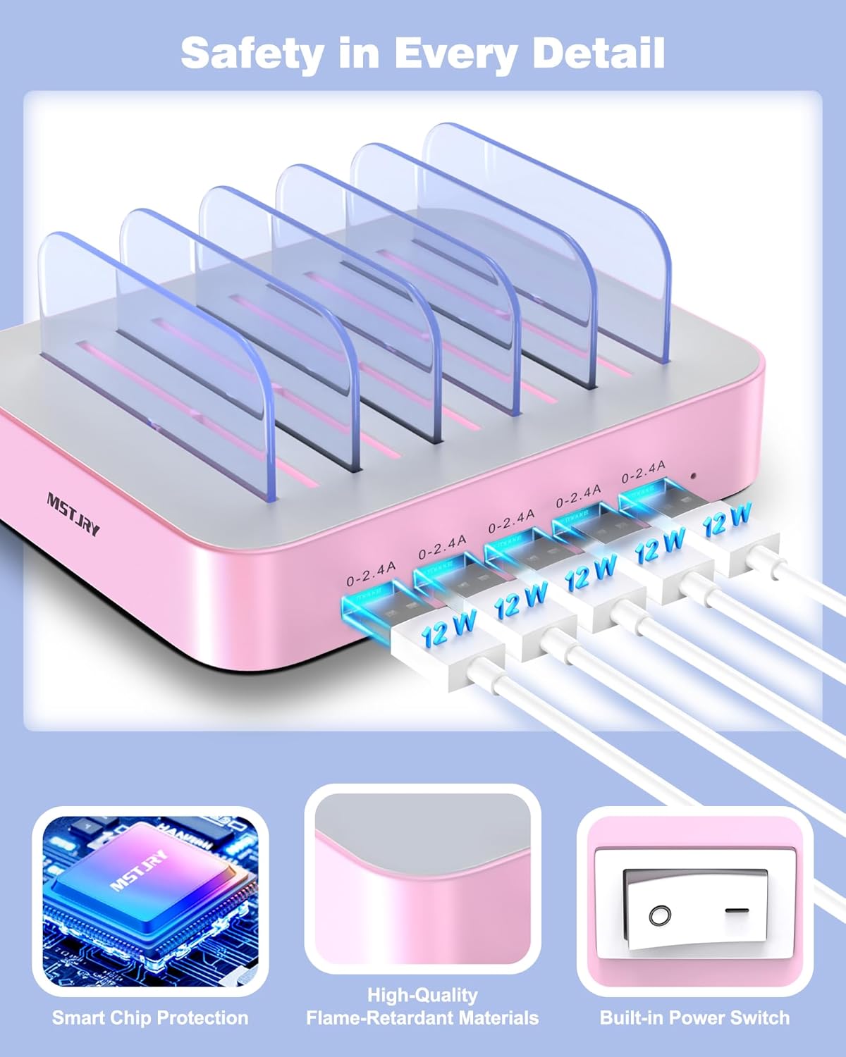 MSTJRY Charging Station for Multiple Devices : 5 Port Multi USB-A Charger Stations Multi-Device Organizer Charging Dock Designed for iPhone iPad Cell Phone Tablets (7 Short Cables Included), Pink