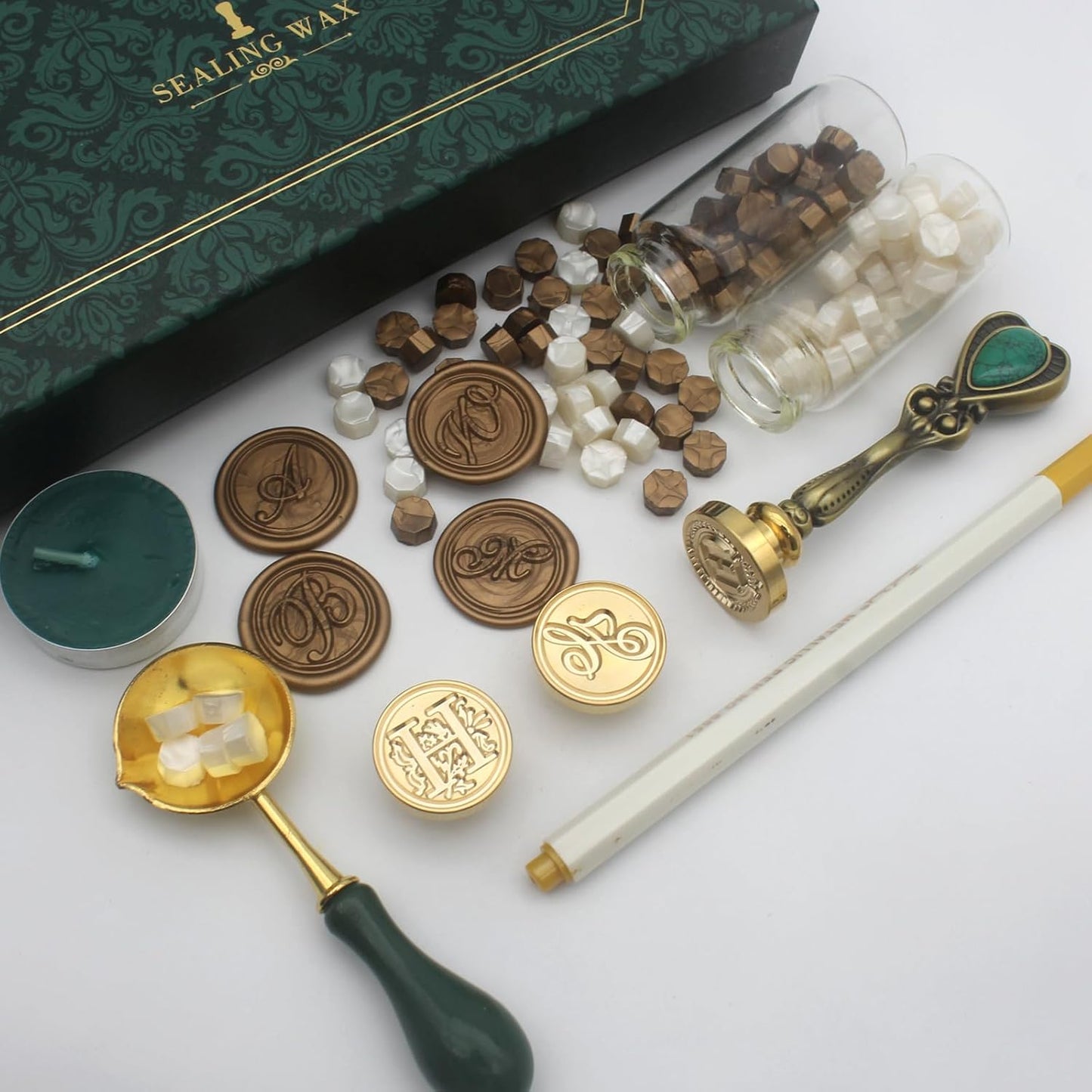 Letter Wax Seal Stamp Kit, Andotopee Wax Seal Kit Initial Alphabet H Sealing Wax Stamp Head 3pcs, Vintage Wax Stamp Seal Kit with Wax Seal Beads, Wax Seal Warmer Tools, Wax Seal Pen, Gift Box Set