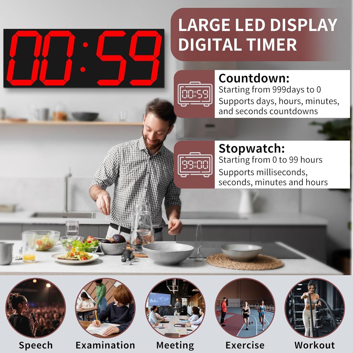 Large Digital Wall Clock,LED Digital Clock with Big Number,Multi-Function Remote Controlled Wall Clock with Timer, Alarm and Calendar Display(Red)