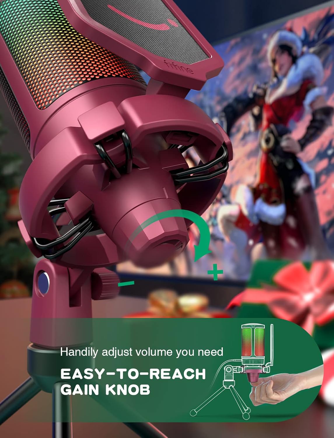 FIFINE AmpliGame PC Gaming Streaming USB Microphone, RGB Desktop Microphone for Computer/Mac/PS4/PS5, Podcast, Recording, TikTok, Game Chat, Condenser Mic with Pop Filter, Shock Mount - Red