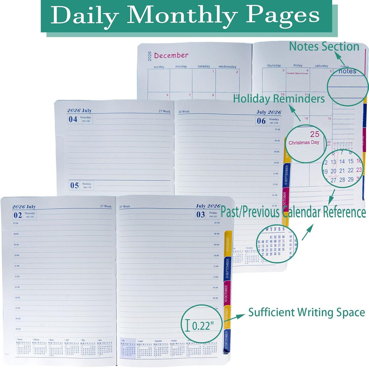 2026 Daily Monthly Planner - Calendar, January - December 2026, 100GSM Thick Paper, Leather Cover, Planner with Hourly Schedule,6.1" x 8.2", Daily Inside Page - Monthly Inside Page, Pen Holder, Bookmarks (lake green)