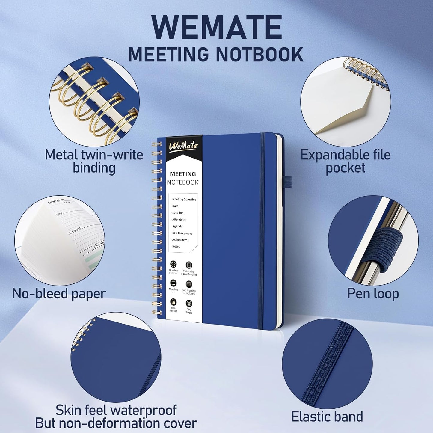 WEMATE 5 Pack Meeting Notebooks for Work（7"x10"） 200 Pages, PU Leather Notebook with Action Items & Note, For Staff & Students, Meeting, Projects Planning- Black, Blue, Green, Olive Green, Dark Blue