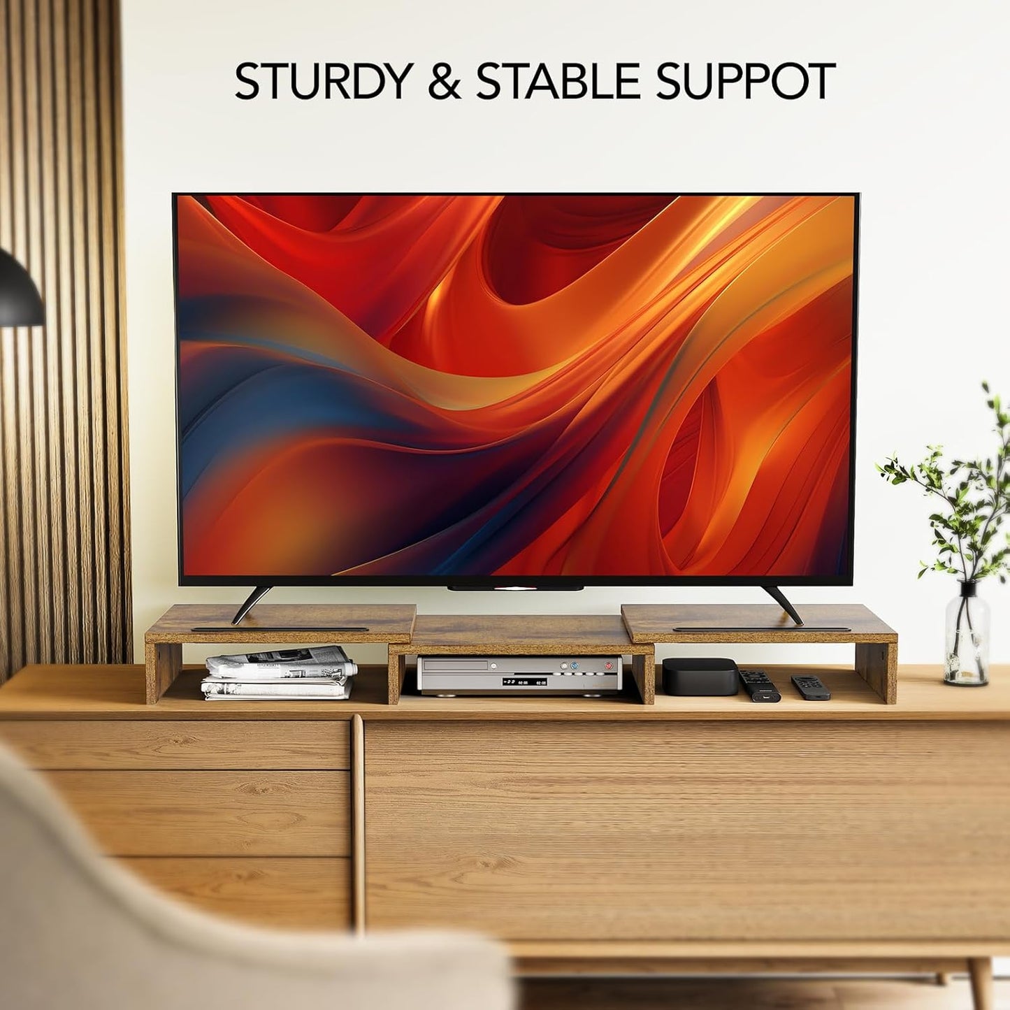 AMERIERGO Dual Monitor Stand Riser- 3 Shelf Screen Stand with Adjustable Length and Angle, 2 Extra Functional Slot Desktop Organizer Stand for PC, Computer, Laptop (Rustic Brown)