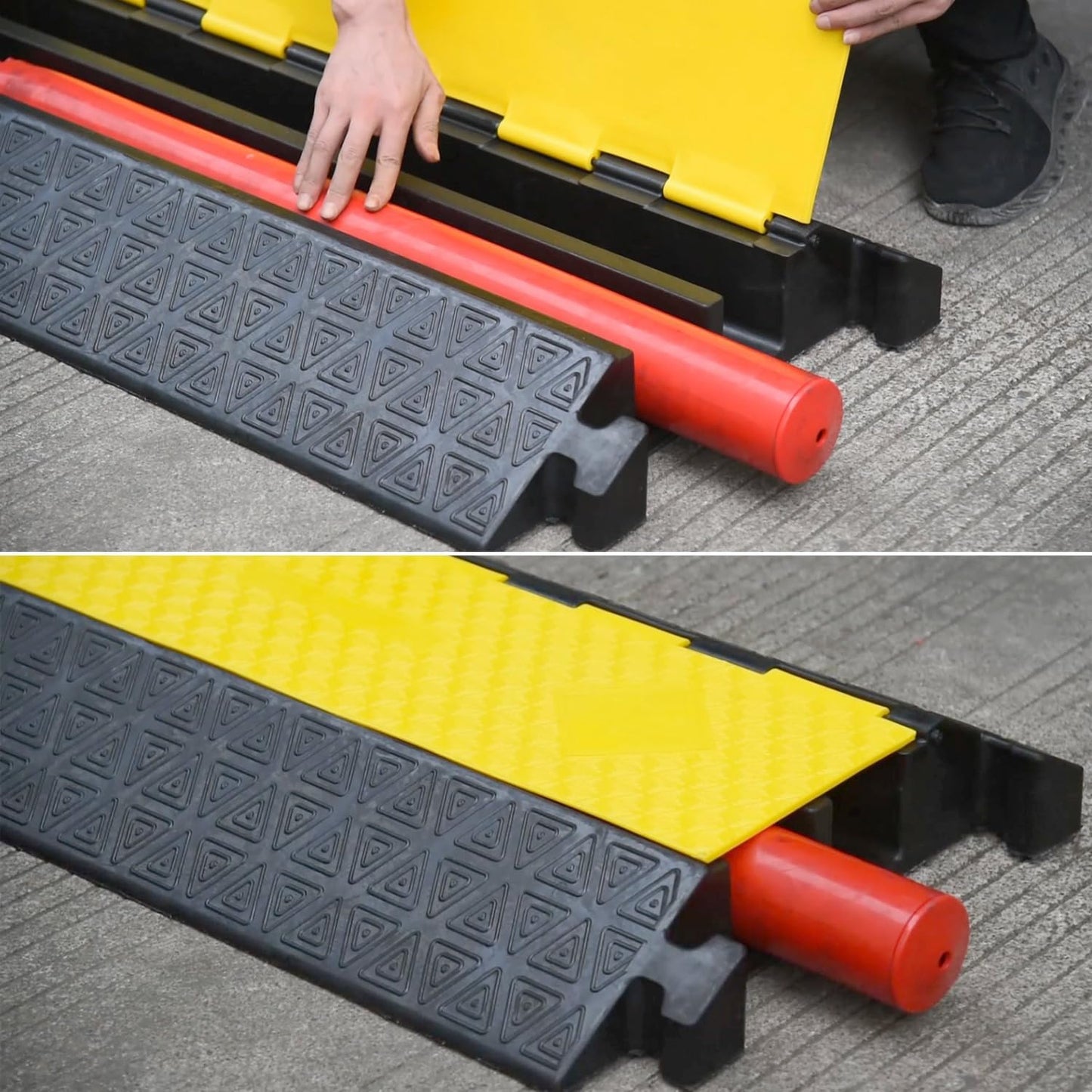 2 Large Channels Rubber Floor Cable Protector Ramp, Heavy-Duty Floor Cable Wire Cord Cover Speed Bumps, Driveway Hose Cable Ramp Protective Cover (2 Large Channels)