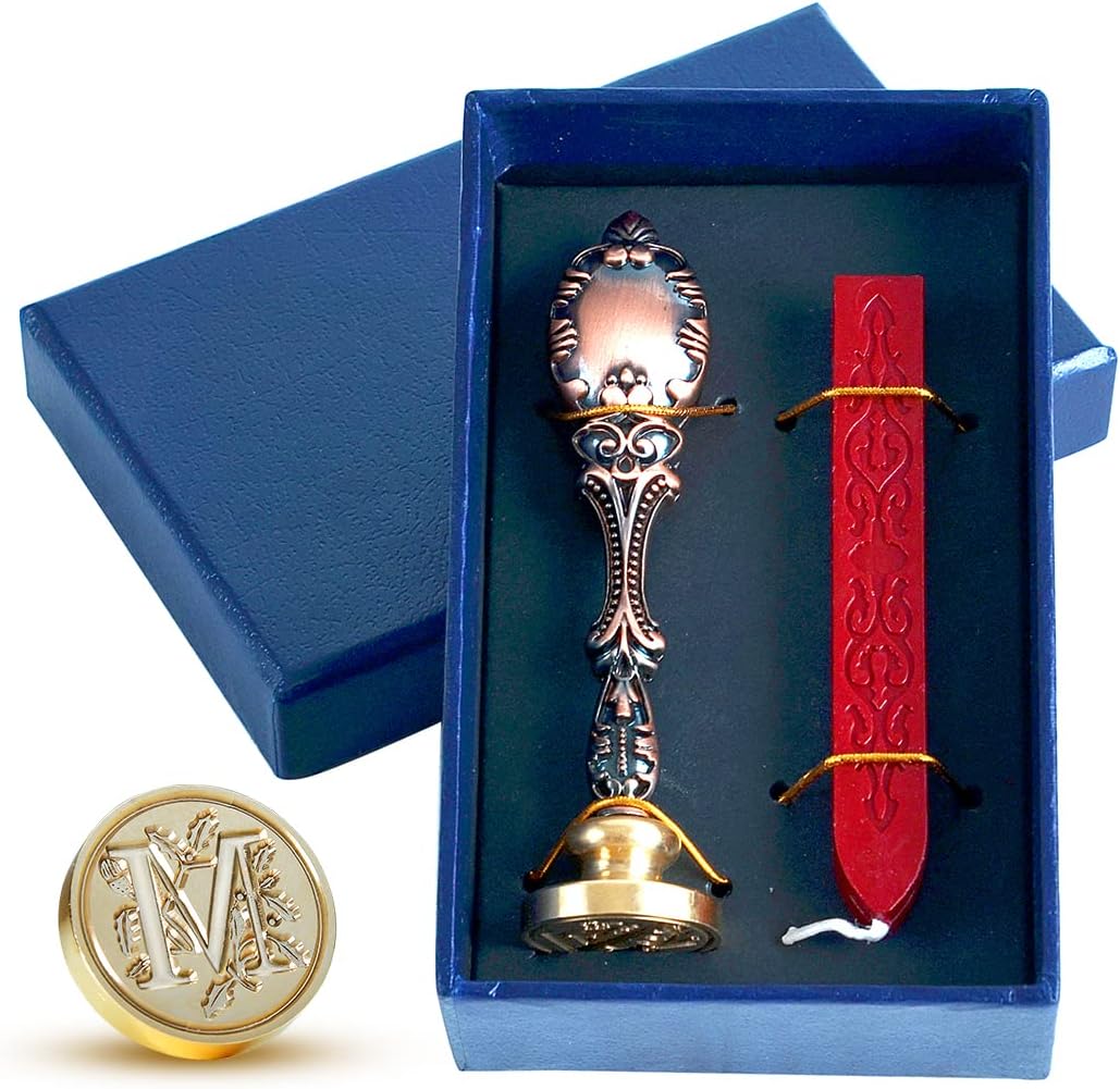 Wax Seal Stamp kit, Envelope Wax Seals DIY Kit - Retro Sealing Wax Candle + Classic Initial Alphabet Seal Wax Seal Stamp Letter M - in Blue Gift Box