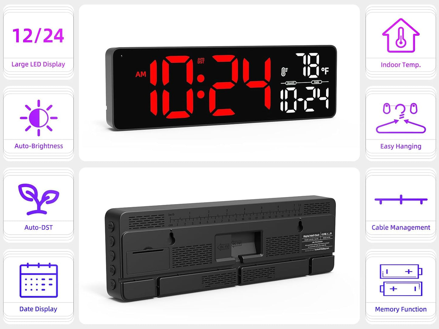 Large LED Digital Wall Clock with Date, Temperature, Auto-Brightness, Auto-DST | Big Digital Clock for Bedroom, Desk, Classroom, Living Room, Kitchen, Office, Gym, Farmhouse, Xmas Gift for Seniors