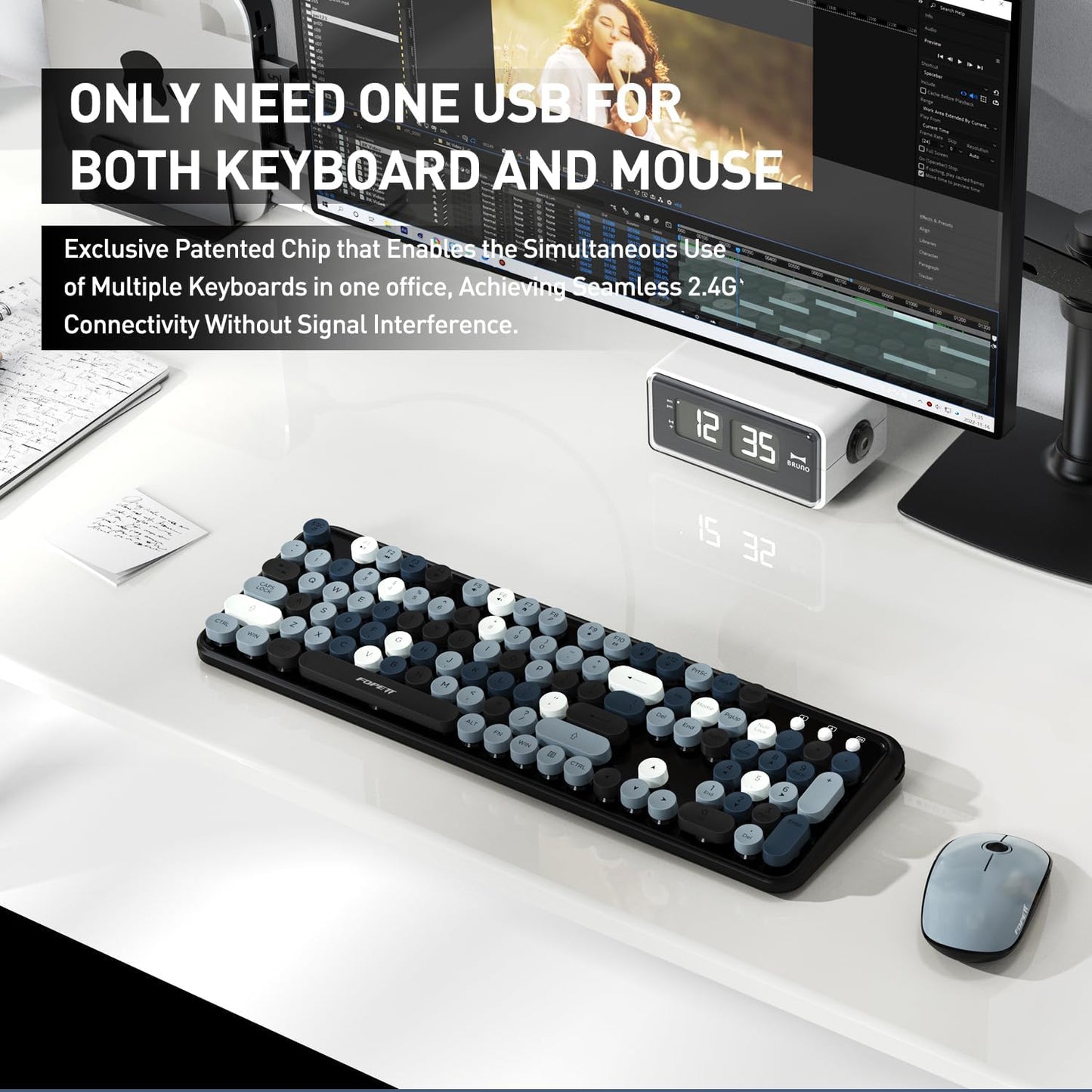 Keyboard and Mouse Wireless,Cute Retro Wireless Keyboard Mouse Combo with Round Key,2.4Ghz Dropout-Free Connection,Typewriter Keyboard Mouse Set for PC Laptop Desktop Computer-Grey Colorful