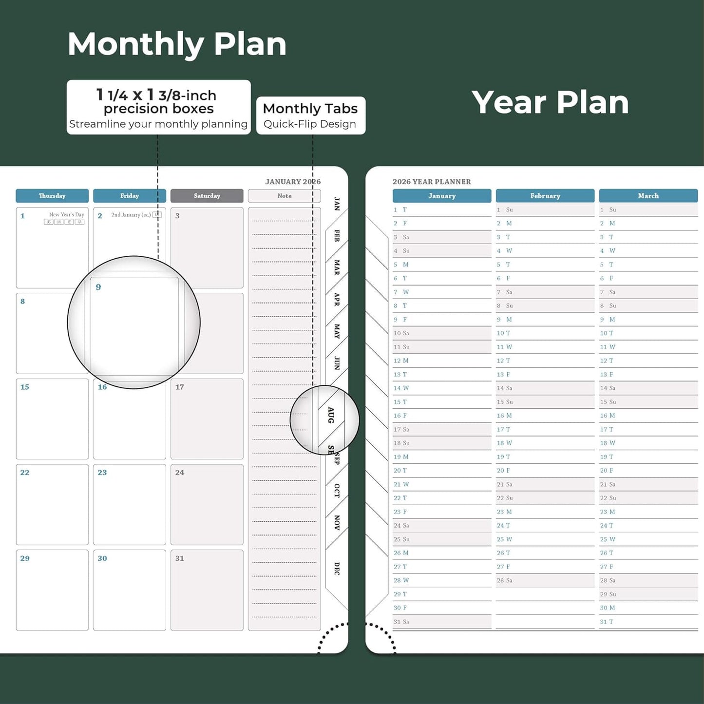 Planner 2026 Daily Weekly and Monthly,8.5"x6.5",12 Months Spiral Bound Calendar Agenda with Self-adhesive Pen Holder,2026 Appointment Book with Vegan Leather Soft Cover,Green