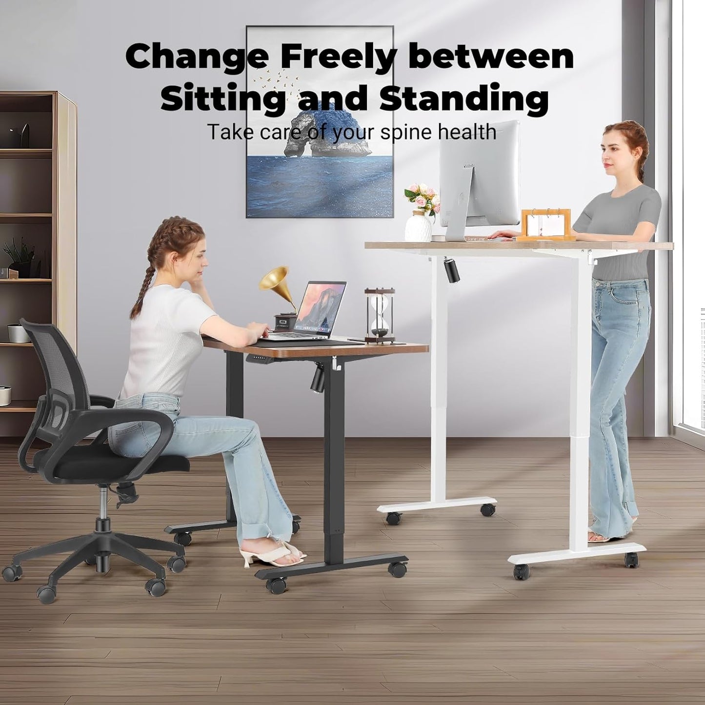 Electric Standing Desk 55 x 24 Inches Adjustable Height Ergonomic Sit Stand Up Desk Curved for Home Office Computer Workstation with 2 USB Ports 3 Power Outlets Memory Preset Wheels, Brown