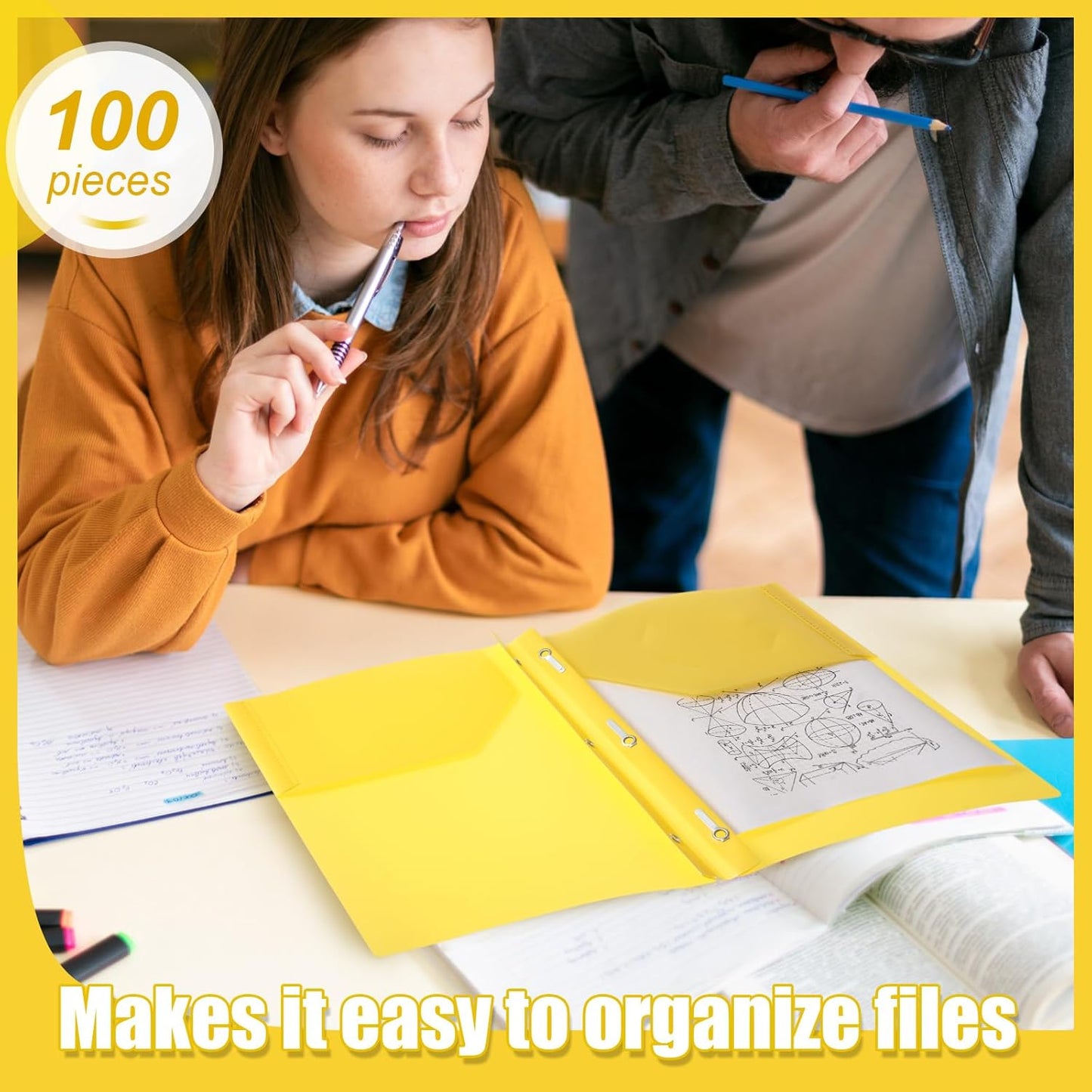 Lincia 100 Pcs Plastic Folders with 2 Pockets and Prongs for Office, School, Students, Teachers, Office Workers (Yellow)