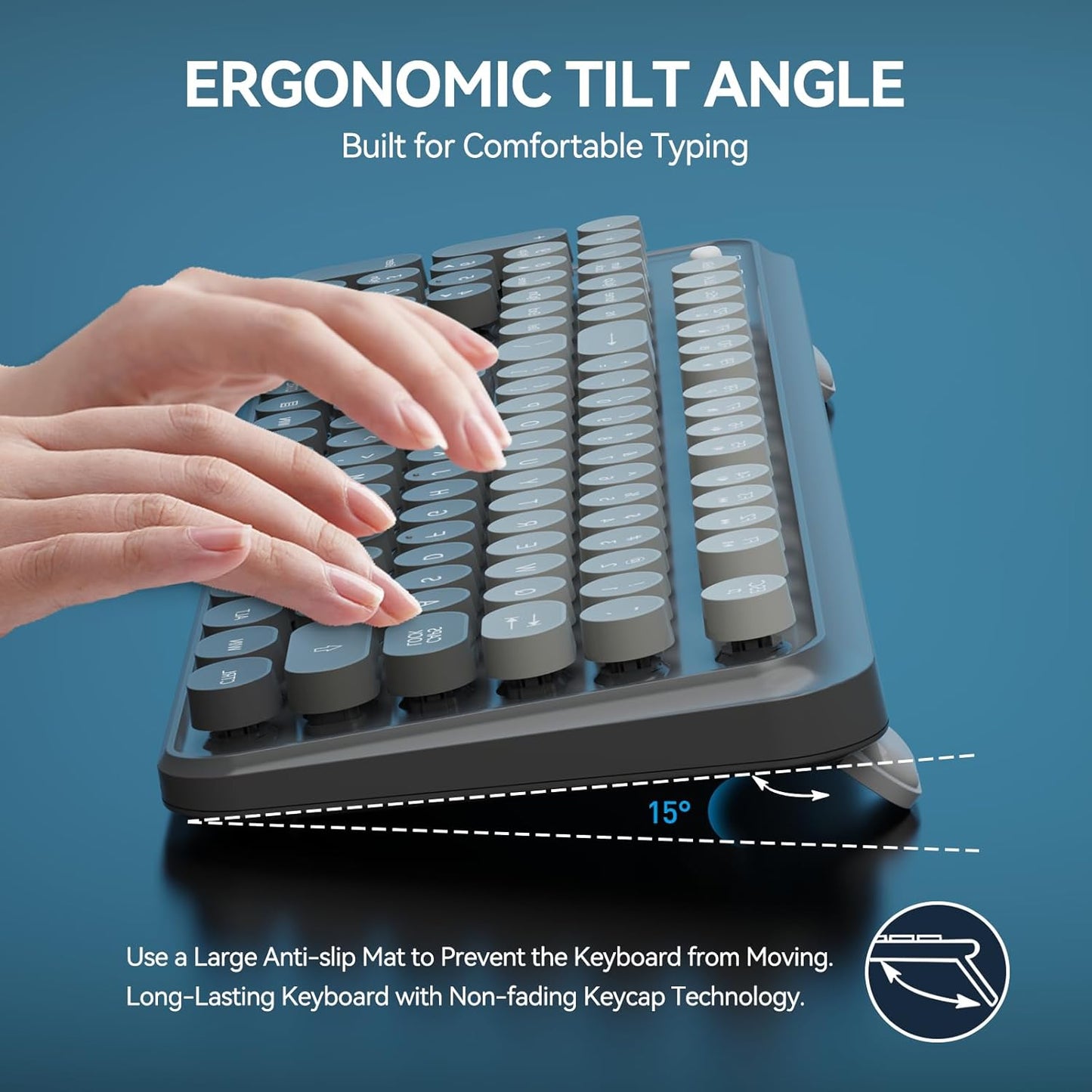 FOPETT Wireless Keyboard and Mouse Combo - Cute Colorful Mouse and Keyboard 2.4G Full-Sized with 104 Round Keys Retro Typewriter Keyboards for Laptop/Windows/PC - Grey Gradient