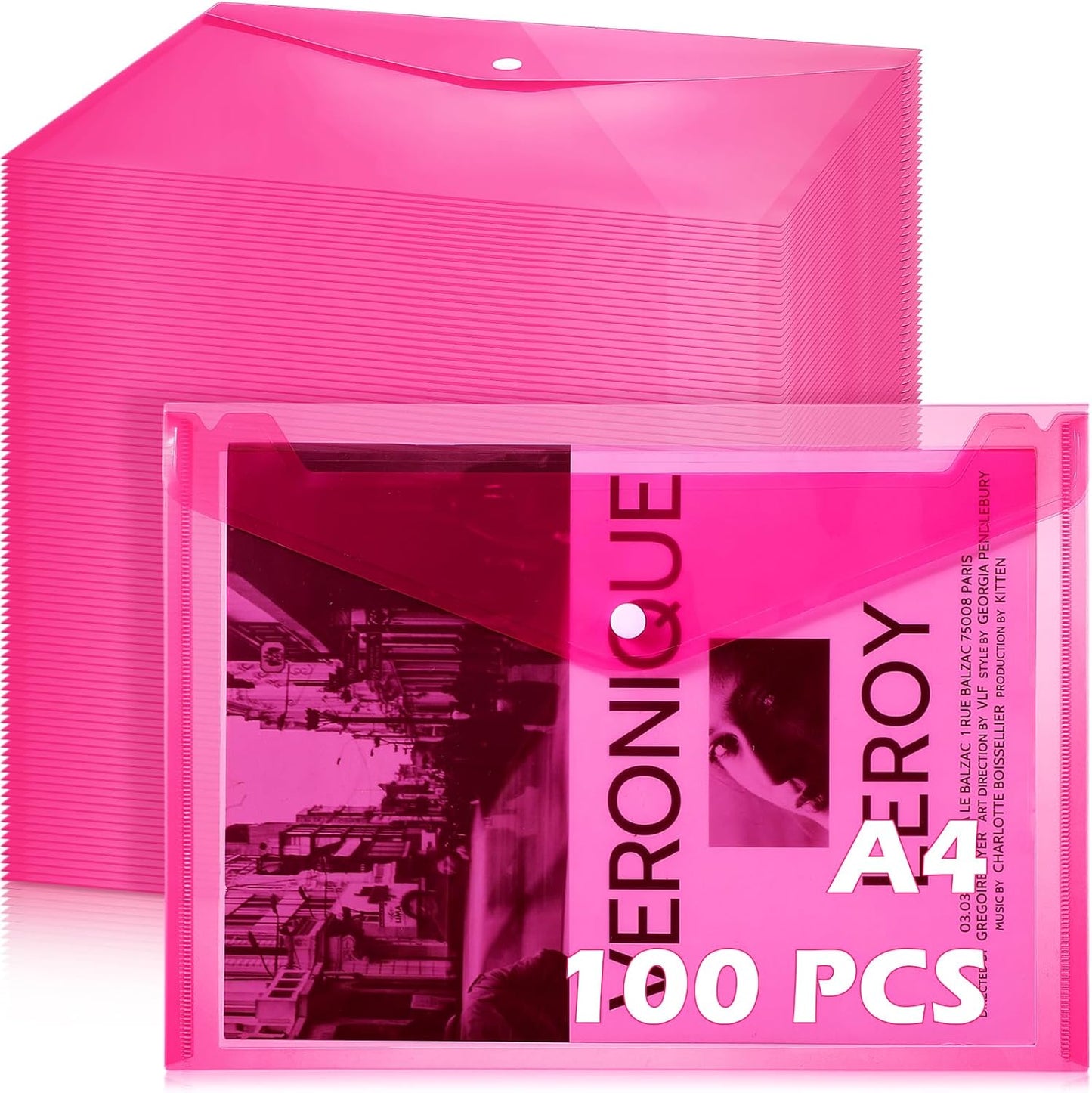 100 Pcs Clear Envelopes with Snap Button Closure Bulk A4 Letter Size Clear Plastic Envelope Folder Document Organizer File Folders for Office Home(Pink)