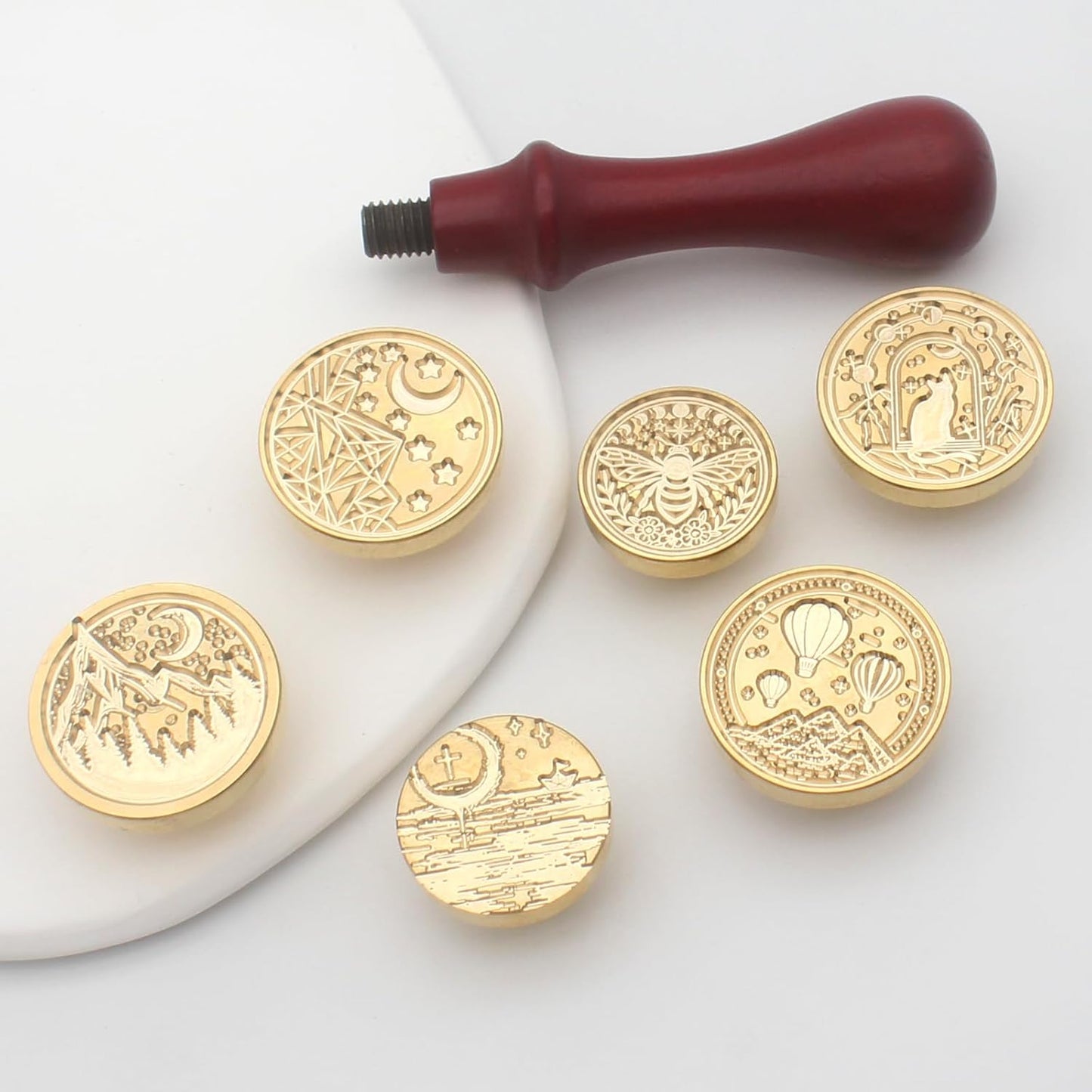Wax Seal Stamp Kit, 6 Pcs Wax Seal Stamp Head 1 Wooden Hilt Letter Wax Seal Kit, Sealing Wax Stamp Seal Set Include Bee/Cat/Mountain/Sea/Moon Envelope Sealing Wax Stamps for Wedding Invitation
