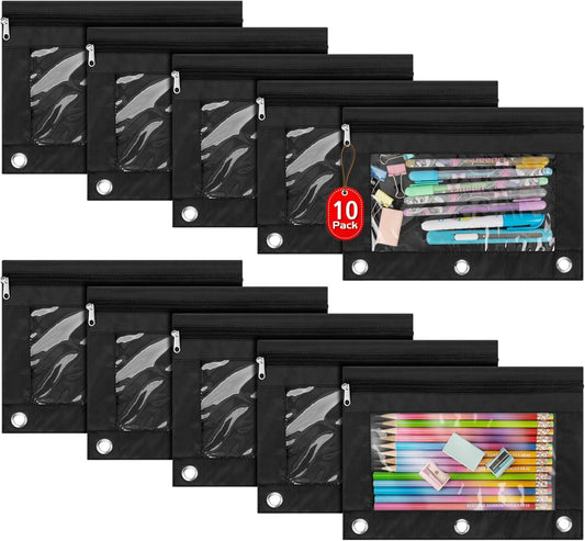 IKAYAS 10 Pack Black Pencil Pouch for 3 Ring Binder Colorful Pencil Pouch with Zipper Bulk, 3 Ring Binder Pencil Pouches Pencil Case Pencil Bags for Classroom Storing School Teacher Supplies