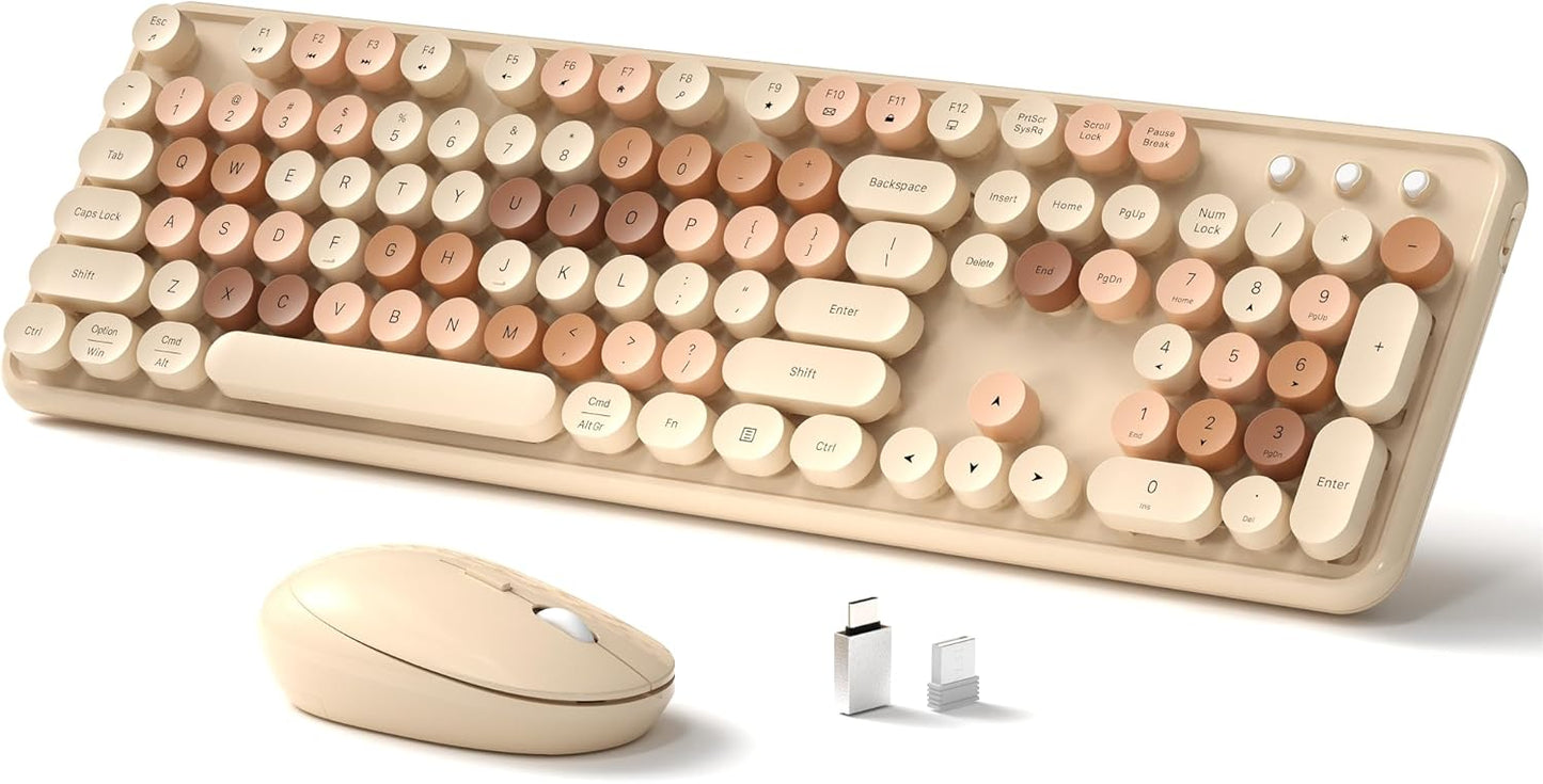 Wireless Keyboard and Mouse, Full-Size Retro Typewriter Keyboard with Round Keycaps, 2.4GHz for Windows, Mac, Laptop, PC, Desktop (Milky Tea Colorful)