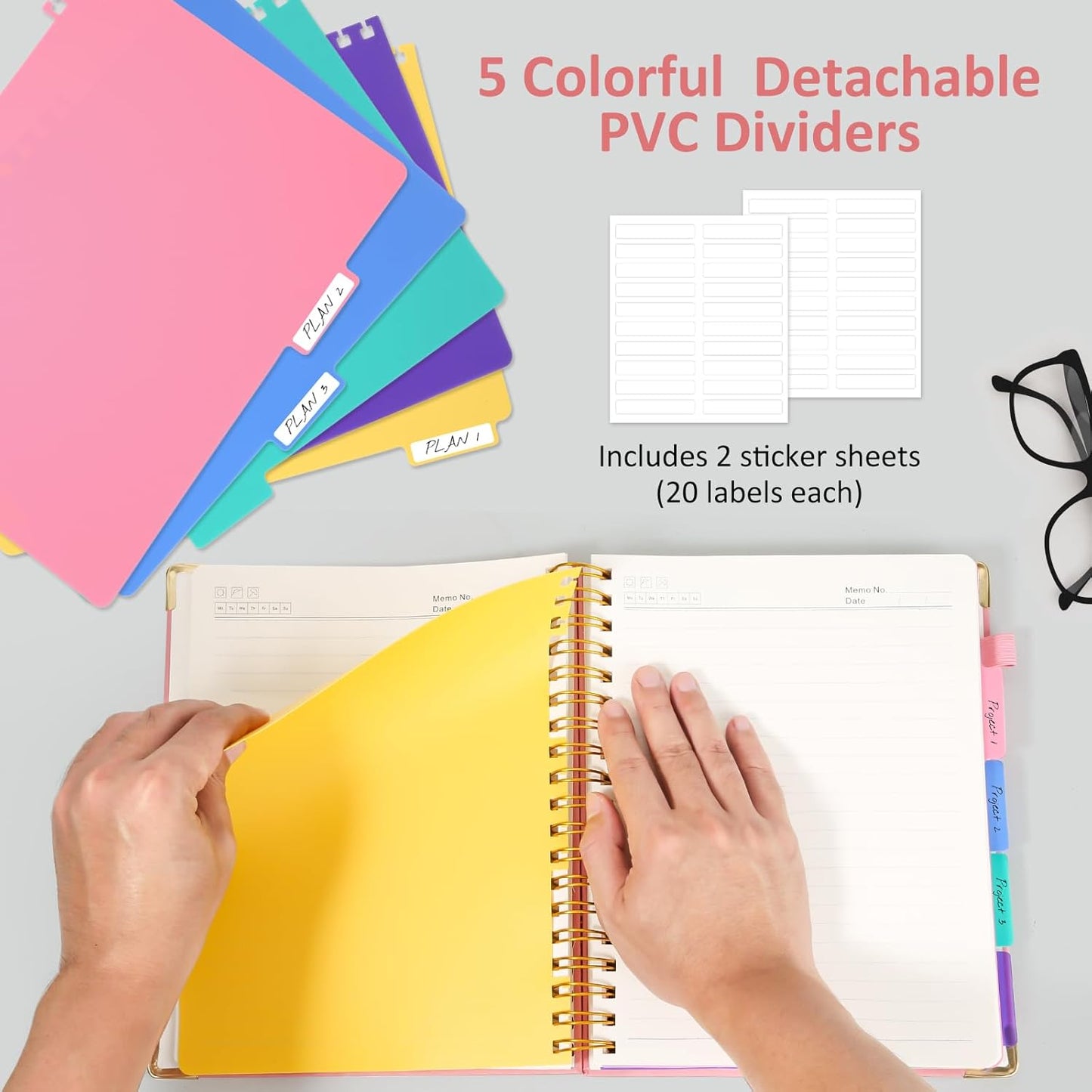 Hardcover Spiral Notebook Journal, 8"x10" Large B5 Notebooks with Removable Dividers Tabs, 300 Pages Leather 5 Subject Notebook College Ruled, Journal for Work School Note, 100 GSM Thick Paper,Pink