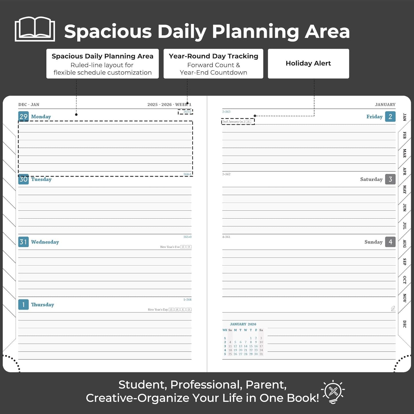 Planner 2026 Daily Weekly and Monthly,8.5"x6.5",12 Months Spiral Bound Calendar Agenda with Self-adhesive Pen Holder,2026 Appointment Book with Vegan Leather Soft Cover,Black