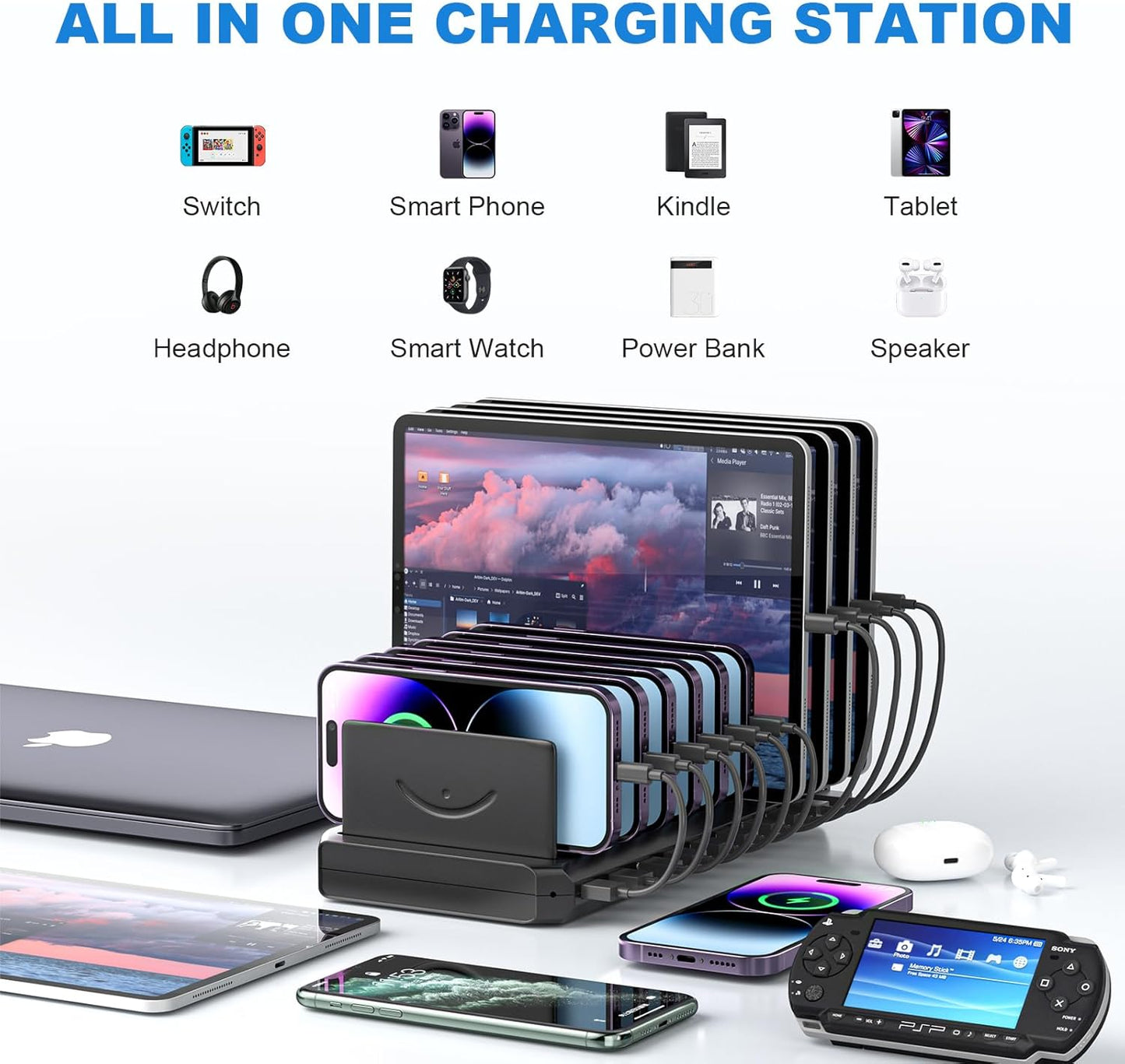 Charging Station for Multiple Devices, Cinlinso 60W 10 Port USB Fast Charging Station with Adjustable Dividers, Compatible with iPhone, iPad, Tablets and Cell Phone (Black)