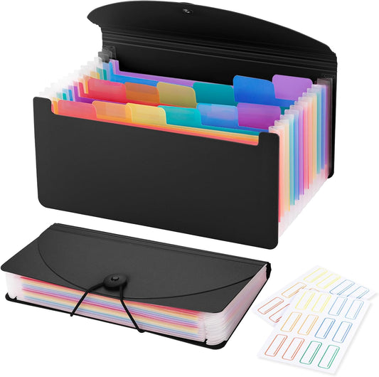 13 Pocket A6 Receipt Organizer, 2 Pack Small Accordion File Organizer, Coupon Organizer with Labels - Black